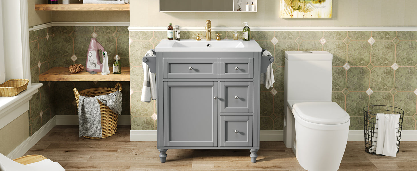 30'' Bathroom Vanity With Top Sink, Modern Bathroom Storage Cabinet With 2 Drawers And A Tip Out Drawer, Single Sink Bathroom Vanity Same As N710S130001E Grey Bathroom Modern Solid Wood Mdf Resin