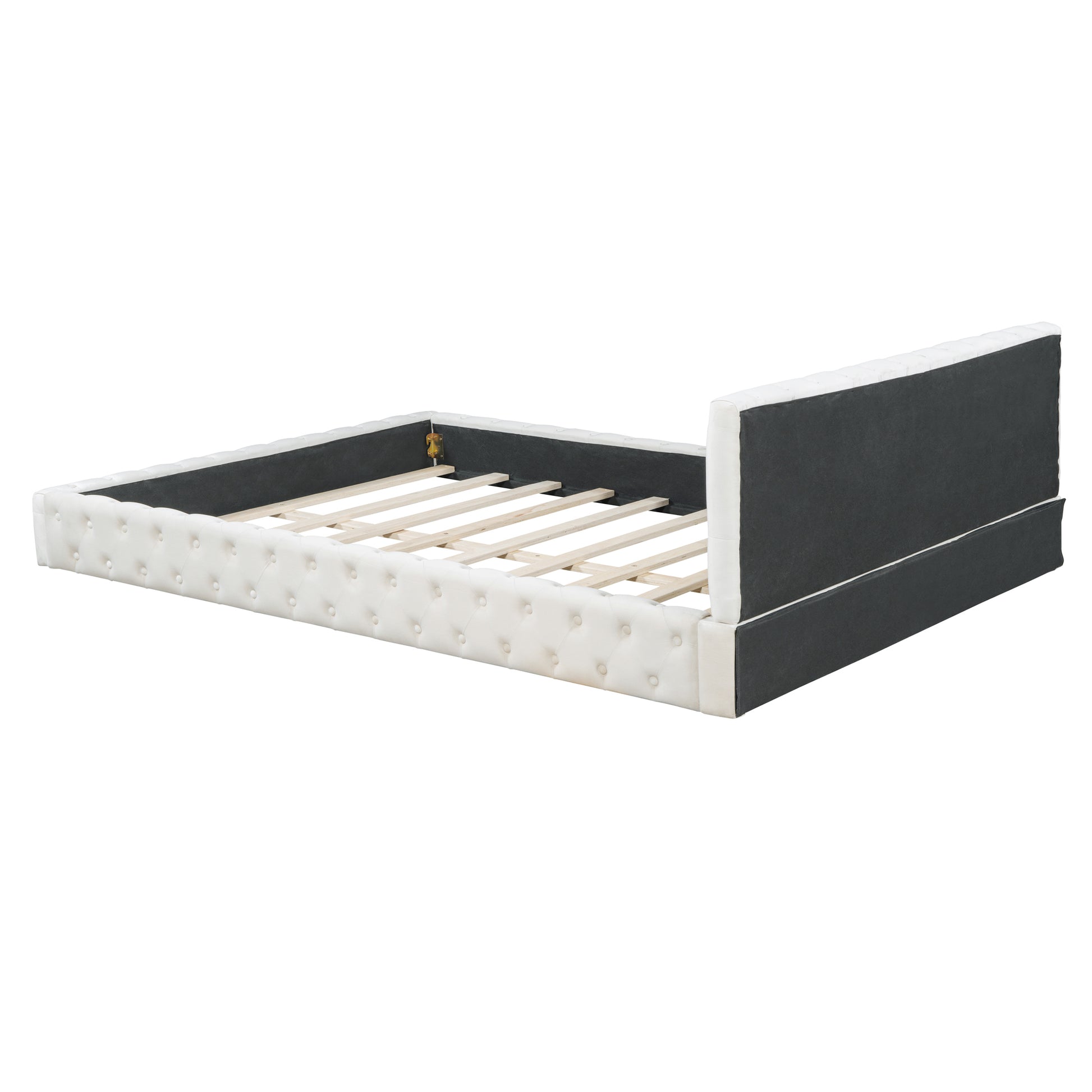 Queen Size Velvet Upholstered Platform Bed, With Luxurious Diamond Grid Headboard,Beige Queen Beige Plywood