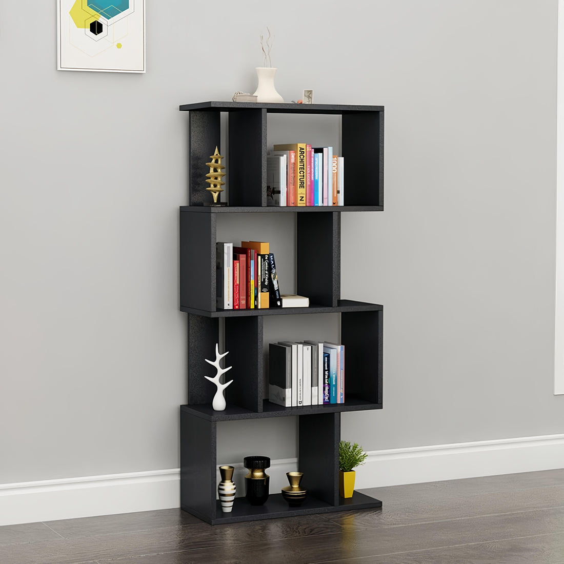 Dfw 4 Tier Storage Shelf S Shaped Bookcase, Multifunctional Wooden Display Decor Furniture, Free Standing Industrial Storage Rack For Living Room Bedroom Office, Modern 4 Shelf Bookcase 1 Black 4