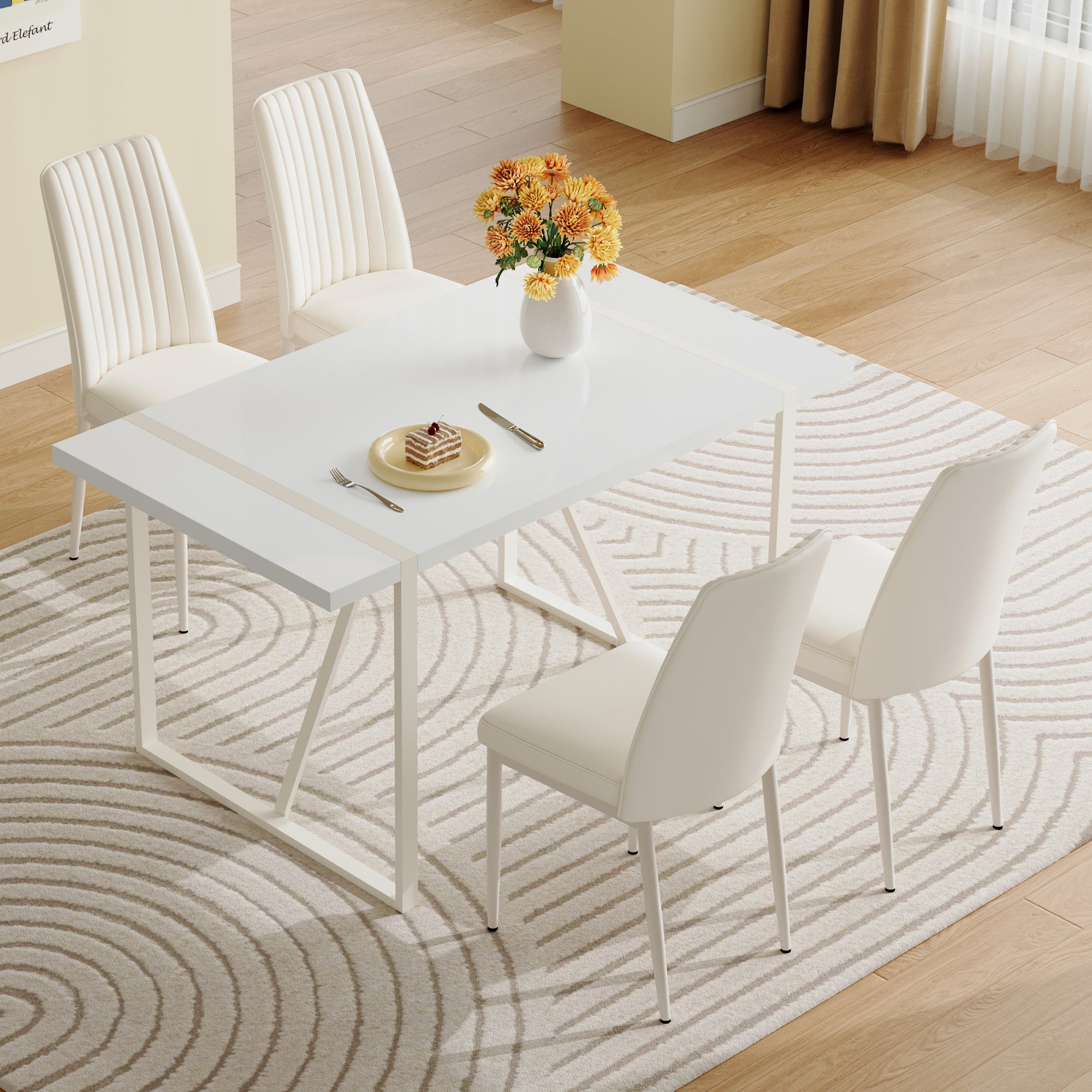 55"X31.5"Cream Style White Mdf Dining Table Set With 4 Armless Chairs.The Backrest Of The Dining Chair Is Designed With Multiple Vertical Stripes.Adding A Warm Atmosphere To Your Family. White Seats