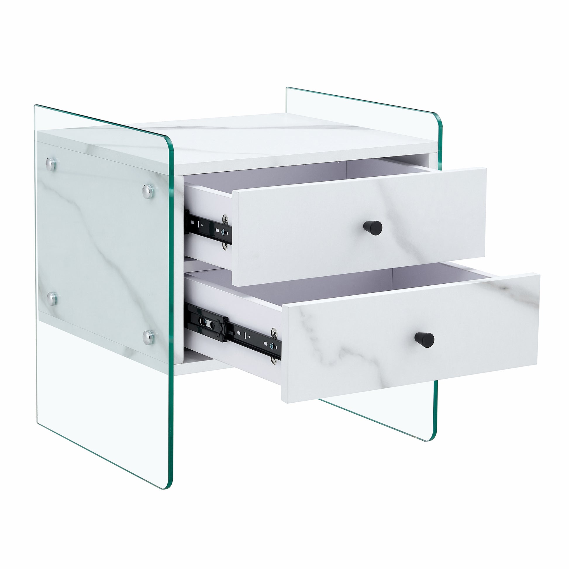 Double Drawer Bedside Table. The Board Surface Is Mdf Sticker, And Both Sides Are Transparent Tempered Glass. The Design Is Simple And Elegant, With Excellent Storage Functions. White Mdf