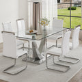 Table And Chair Set. Large Modern Rectangular Table With Glass Top And Silver Metal Legs. Furnished With Soft And Comfortable Pu Chairs With Faux Leather Upholstered Seats And Silver Metal Legs. White Silver Seats 6 Glass Metal