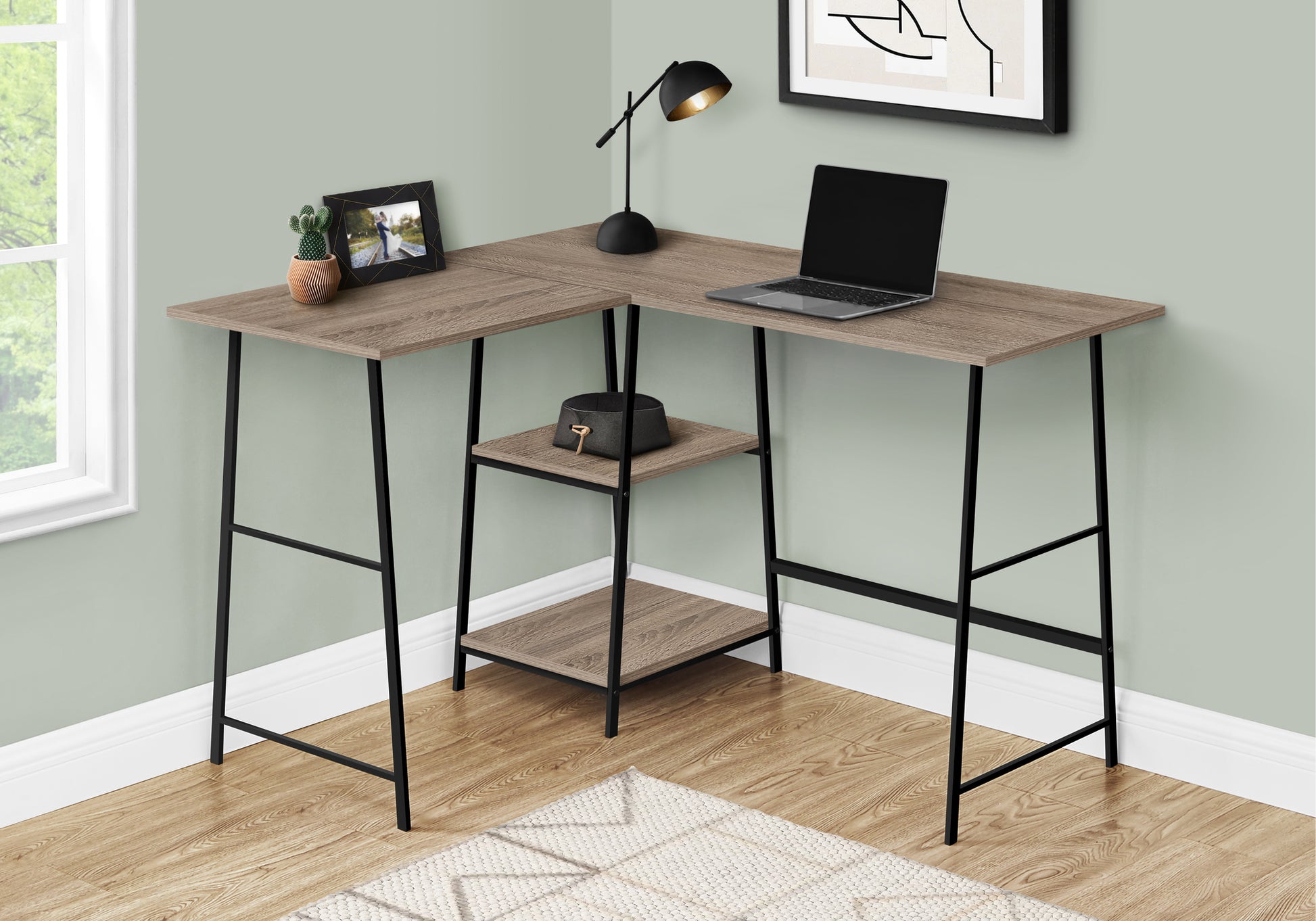 Computer Desk, Home Office, Corner, Storage Shelves, 48"L, L Shape, Work, Laptop, Brown Laminate, Black Metal, Contemporary, Modern Taupe Metal