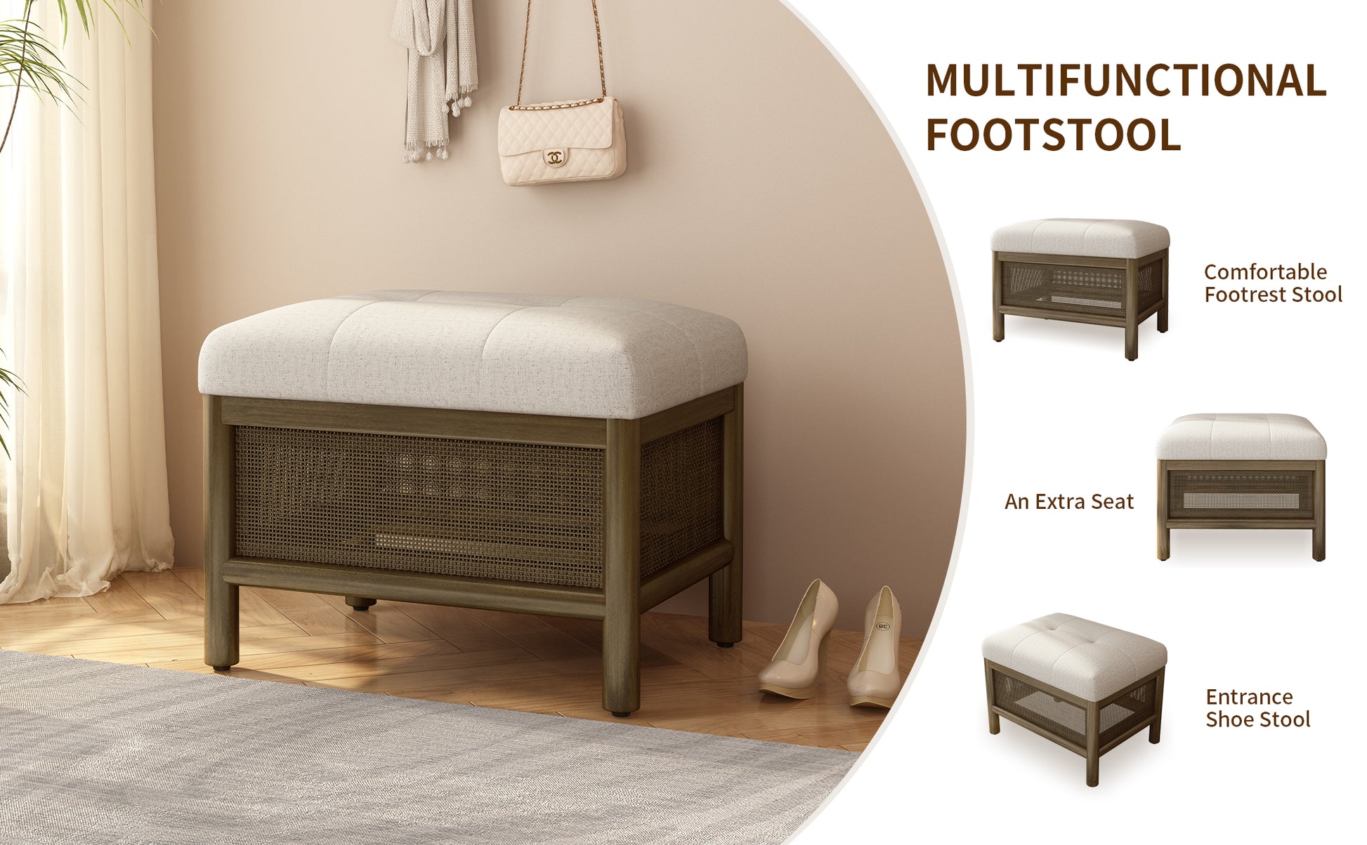 Cane Base Ottoman Dark Walnut Cream 21.5"*16"*17" White Deep Walnut Wood Soft American Traditional Hickory Wood Rectangle Wood Fabric