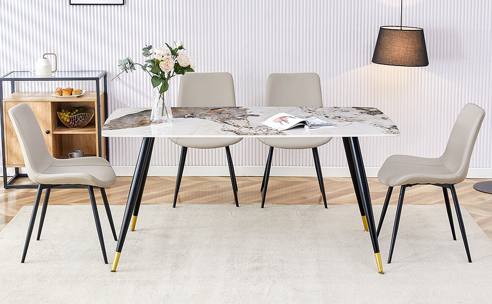 Table And Chair Set,Imitation Marble Texture Rock Board Table Top, Black Metal Table Legs, Stable And Beautiful. Modern Simple Dining Table, Comfortable Seating. White Gray Seats 4 Metal