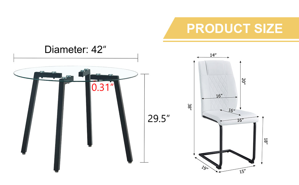 Table And Chair Set.A Modern Minimalist Style Round Clear Tempered Glass Table With Black Metal Legs.Paried With 4 Chairs With Modern Pu Leather High Back Upholstered And C Tube Black Metal Legs.