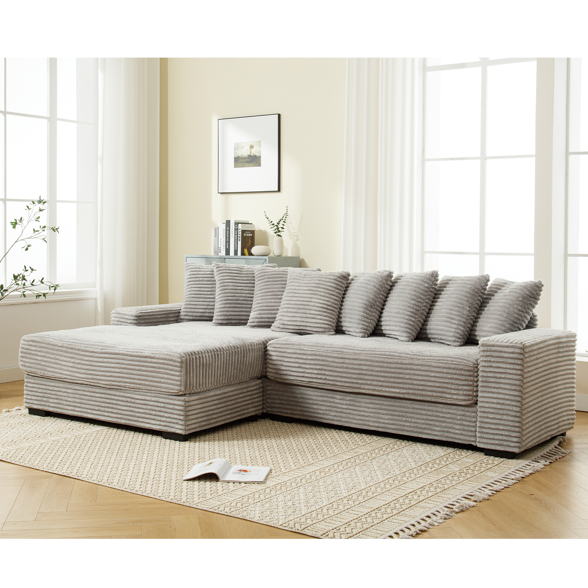 Arrived Oversized Two Piece Couches, L Shaped Sofa, Corduroy, Left Chaise Daybed,With Armrests,Eight Throw Pillows,Corner Sofa,Easy To Assemble, Gray Gray Polyester Wood Primary Living Space Medium Soft Pillow Back Modern Square Arms Wood 3 Seat