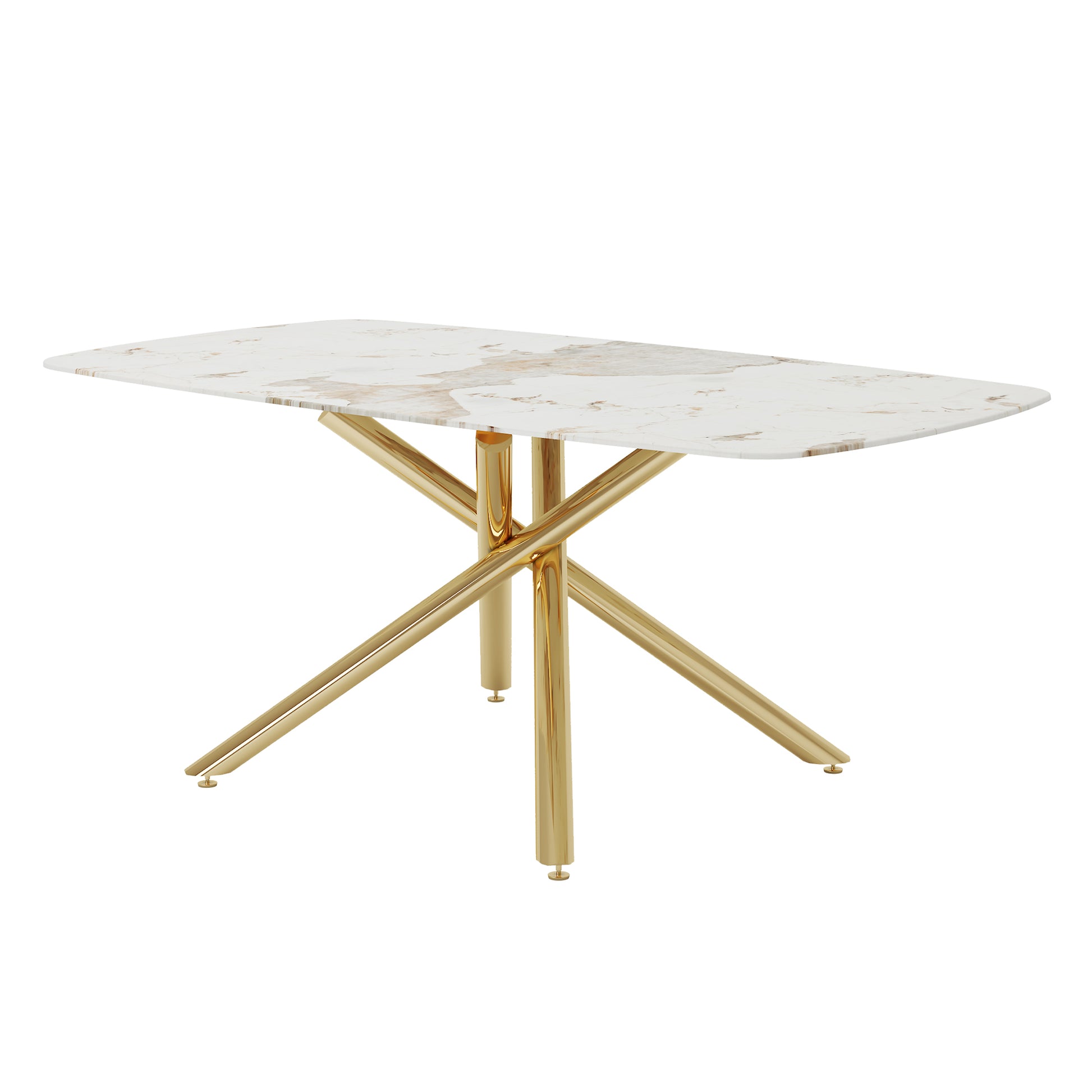 Table And Chair Set.Modern Luxurious Tempered Glass Dining Table Set With Gold Metal Legs And 8 Pu Chairs.White Marble Patterned Sticker Tabletop,White Chairs With Gold Metal Legs. White Gold Seats