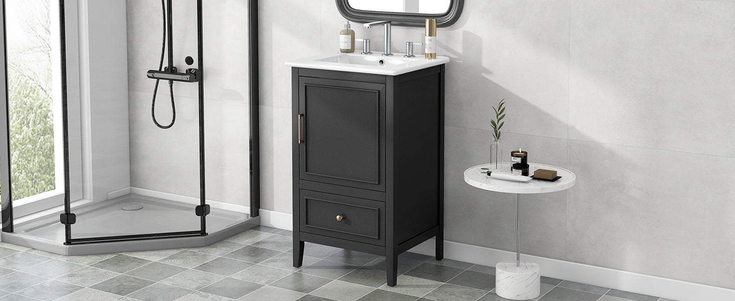 20" Bathroom Vanity With Sink, Bathroom Cabinet With A Door, Door Shelf Storage And Adiustable Foot Pads, A Drawer, Black Black Solid Wood Mdf