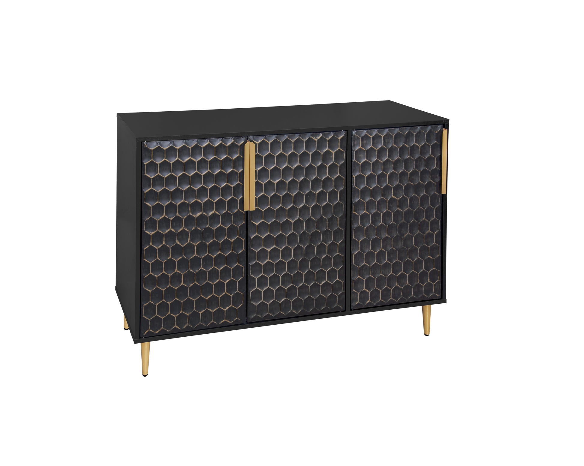 3 Door Storage Cabinet,Buffeet Sideboard With Adjustable Shelves,Honeycomb Seamless Hexagons Pattern Metal Door For Living Room,Dinging Room,Kitchen,Entrance Black Modern Iron,Particle Board Mdf