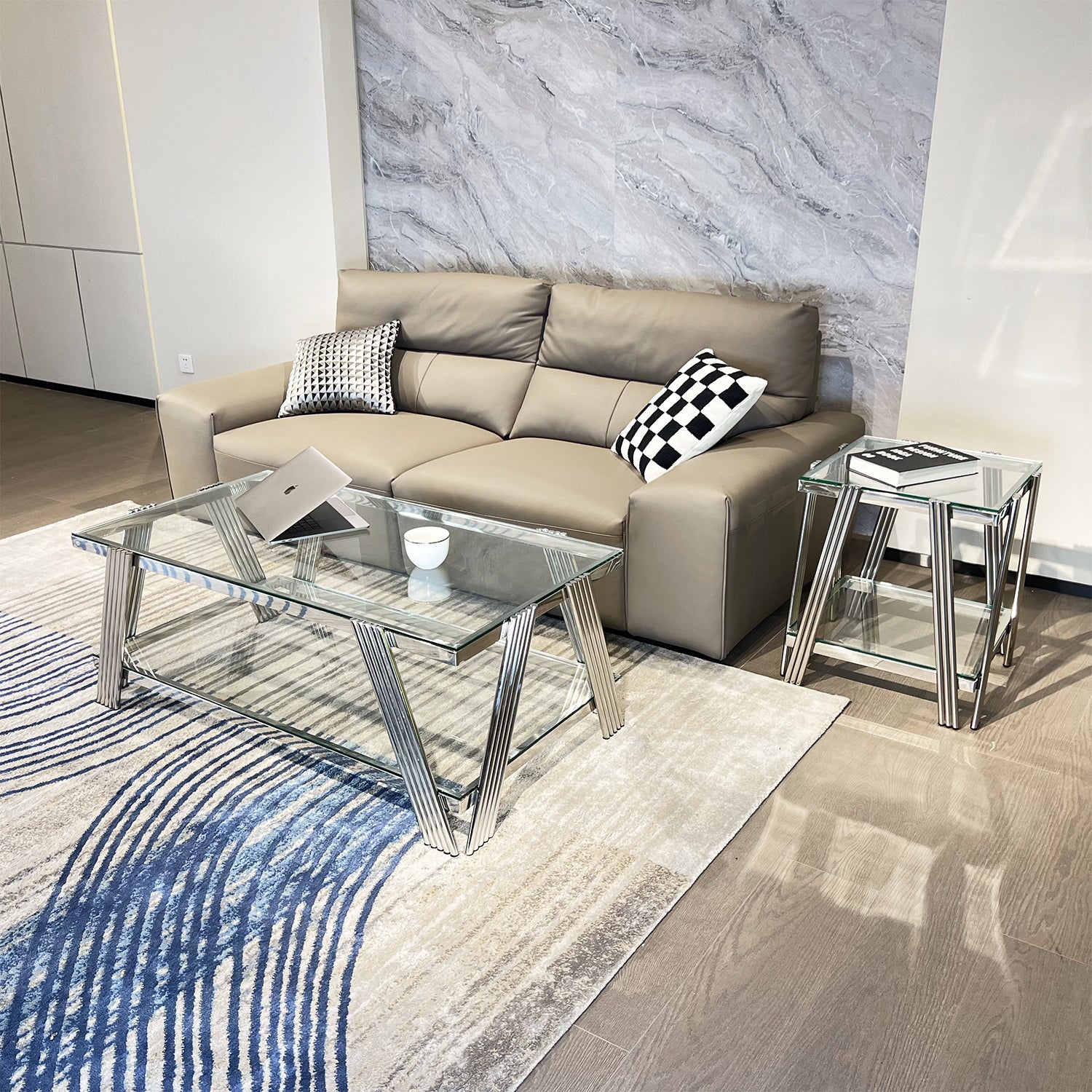 Silver Stainless Steel Double Layer Clear Tempered Glass End Table For Bed Room, Living Room Silver Clear Modern Square Stainless Steel,Tempered Glass