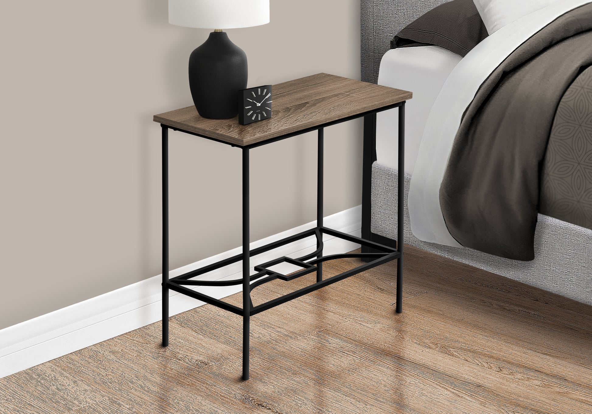 Accent Table, Side, End, Narrow, Small, 2 Tier, Living Room, Bedroom, Brown Laminate, Black Metal, Contemporary, Modern Taupe Mdf