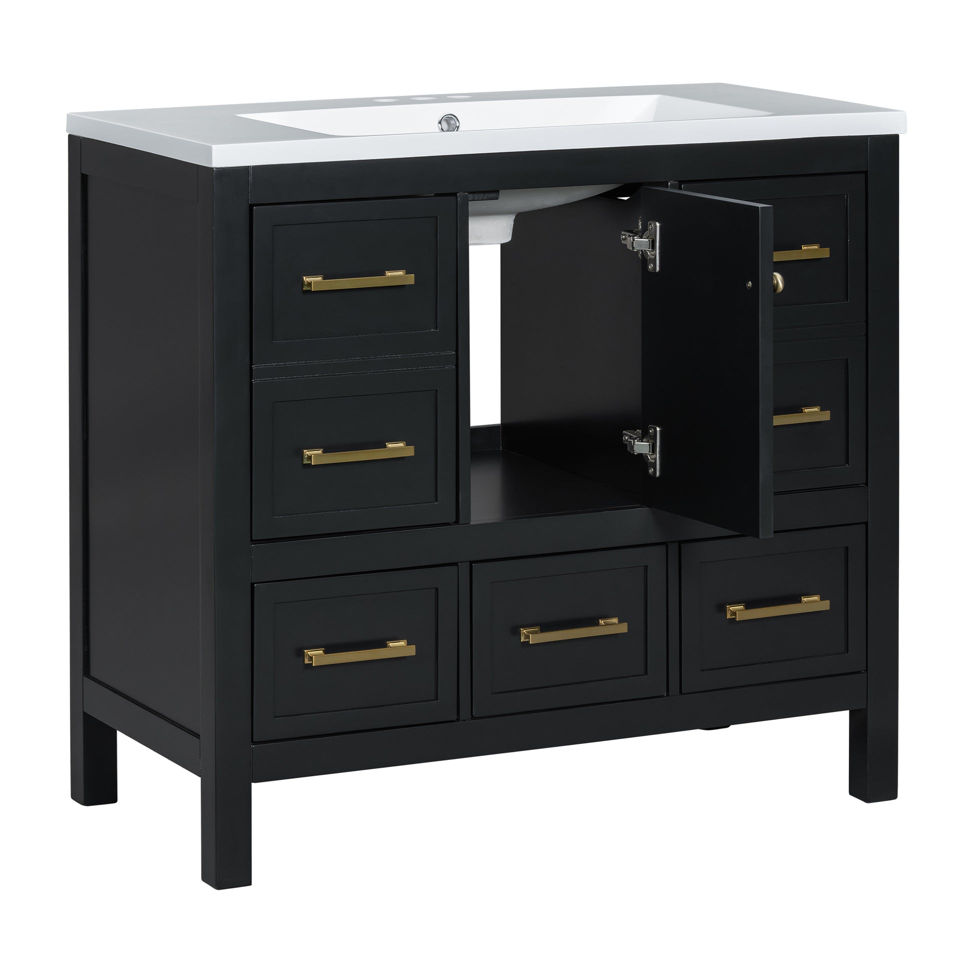 36'' Bathroom Vanity With Resin Sink Combo, Solid Wood Frame Bathroom Storage Cabinet, Freestanding Vanity Set With 5 Drawers& Soft Closing Doors Same As Sw000142Aab Black Bathroom Solid Wood Mdf Resin