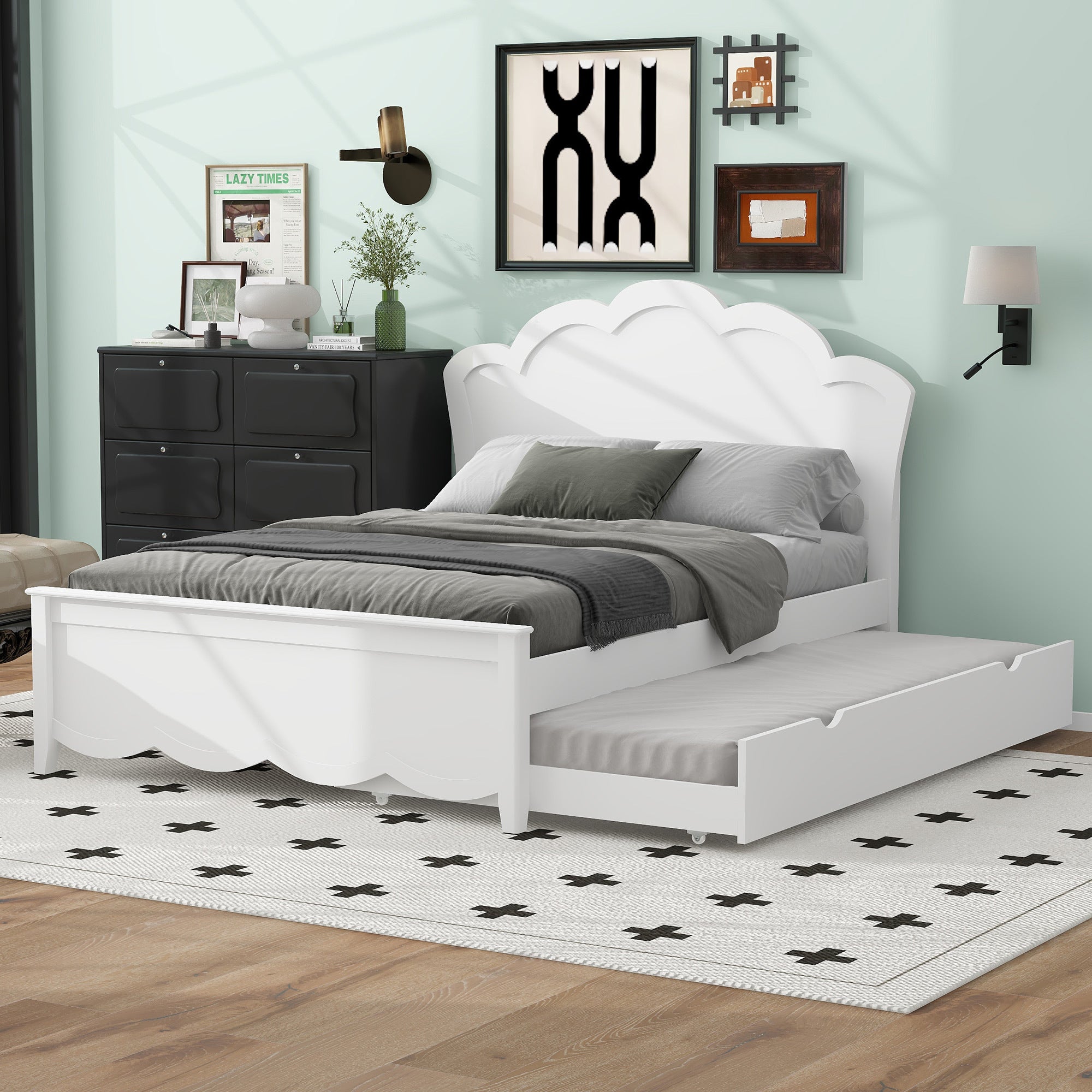 Full Size Wood Platform Bed With Headboard And Twin Size Trundle, White Box Spring Not Required Full White Wood Bed Frame Solid Wood Mdf