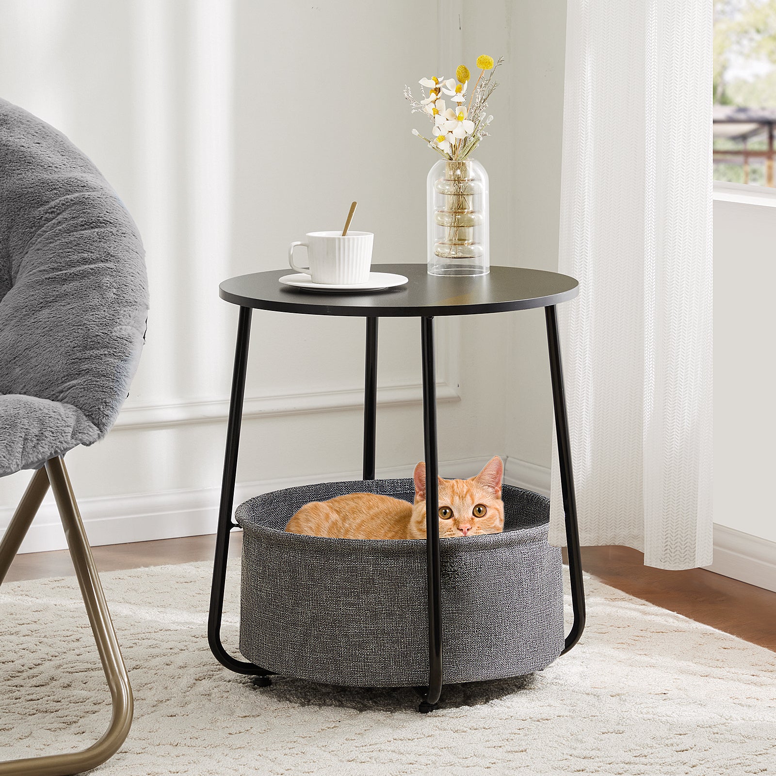 Small Round Side End Table For Living Room, Modern Nightstand Bedside Table With Fabric Basket For Bedroom Nursery, Side Table With Steel Frame Black & Grey Grey Stainless Steel