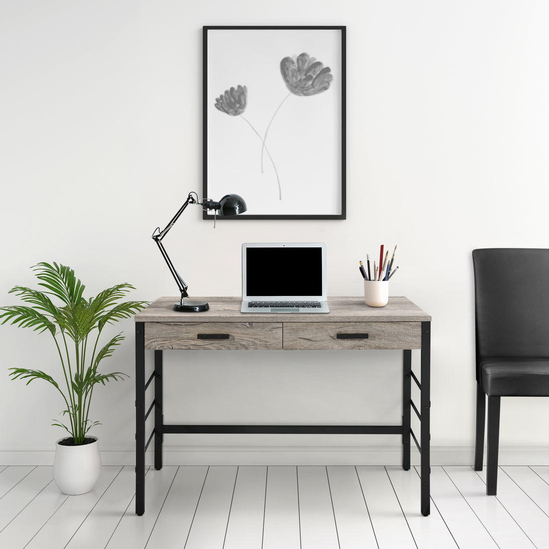 Light Weathered Oak And Black Writing Desk With 2 Drawers Black Brown Office Oak Wood Metal