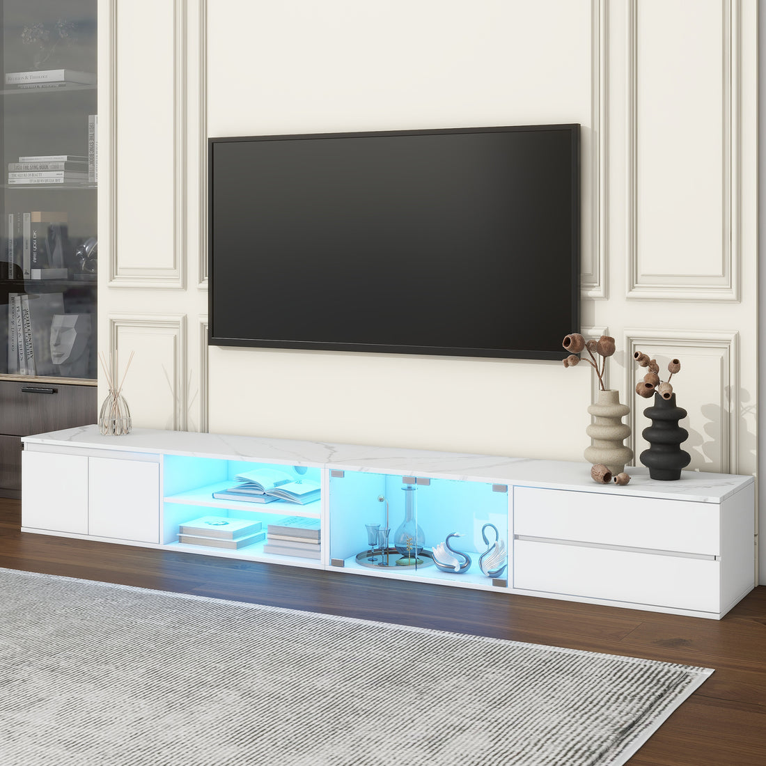 Modern App Controlled Led Tv Stand For Tvs Up To 105'', Faux Marble Tabletop Media Console With Tempered Glass Doors, Entertainment Center With 2 Drawers & Cabinets For Living Room, White White 90 Inches Or Larger Particle Board Mdf