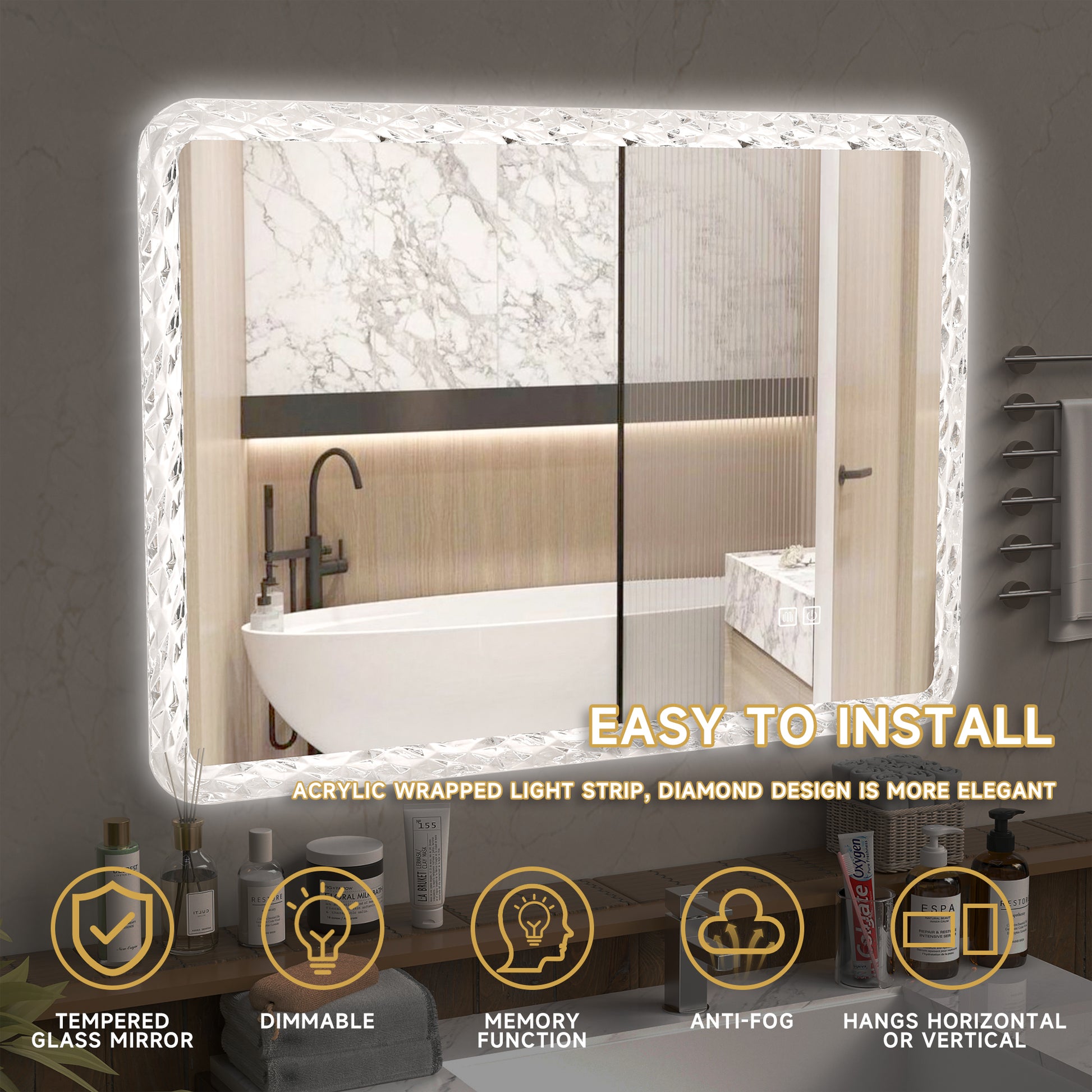 38.5X25 Inches Bathroom Mirror With Led Lights, Smart Mirror With Anti Fog And Adjustable Brightness Function, Wall Mount Makeup Mirror With Crystal Acrylic Frame Transparent Glass Acrylic