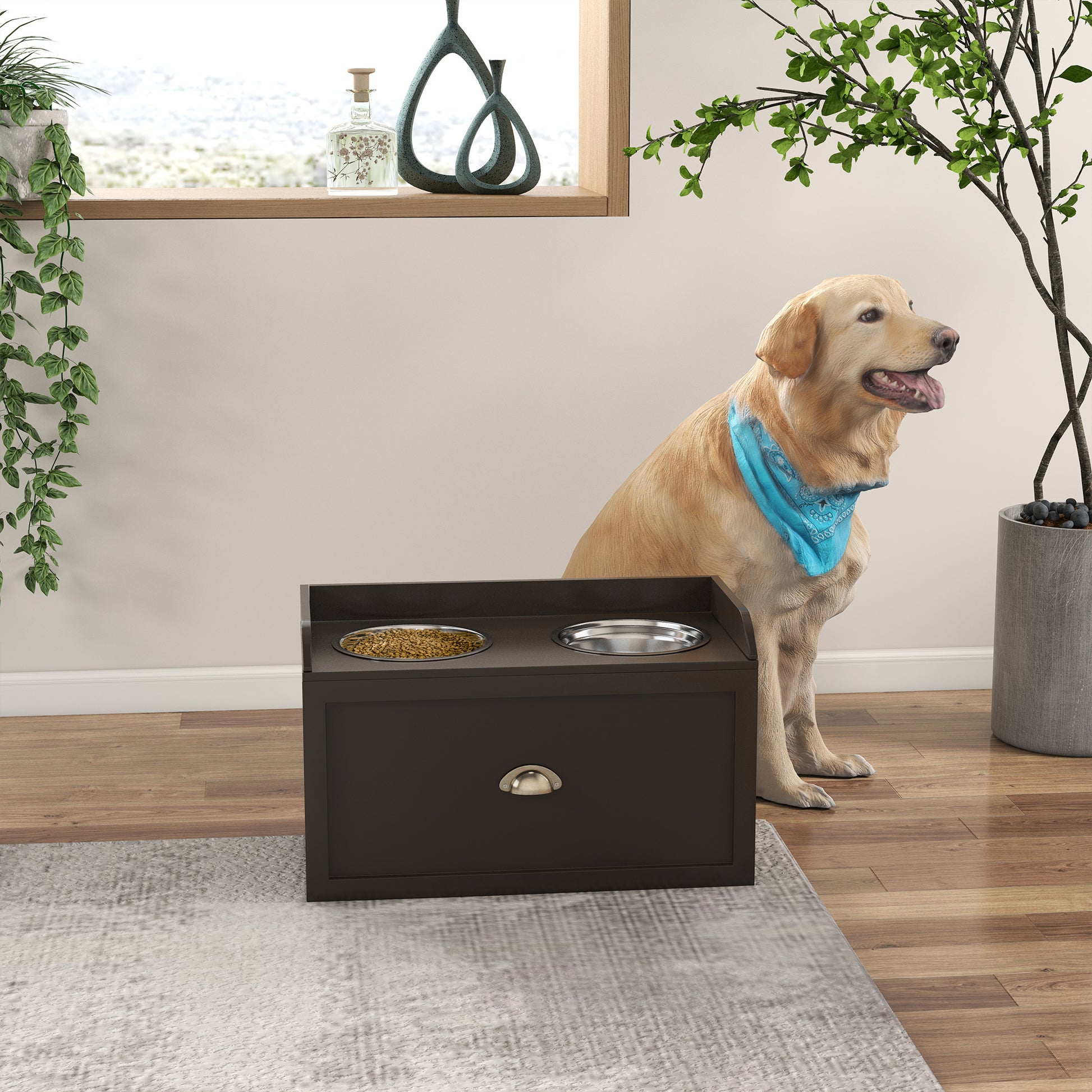 Pawhut Dog Feeding Station With Storage Drawer, Dog Food Storage Cabinet With 2 Removable Elevated Dog Bowls For Large Sized Dogs, Coffee Coffee Mdf