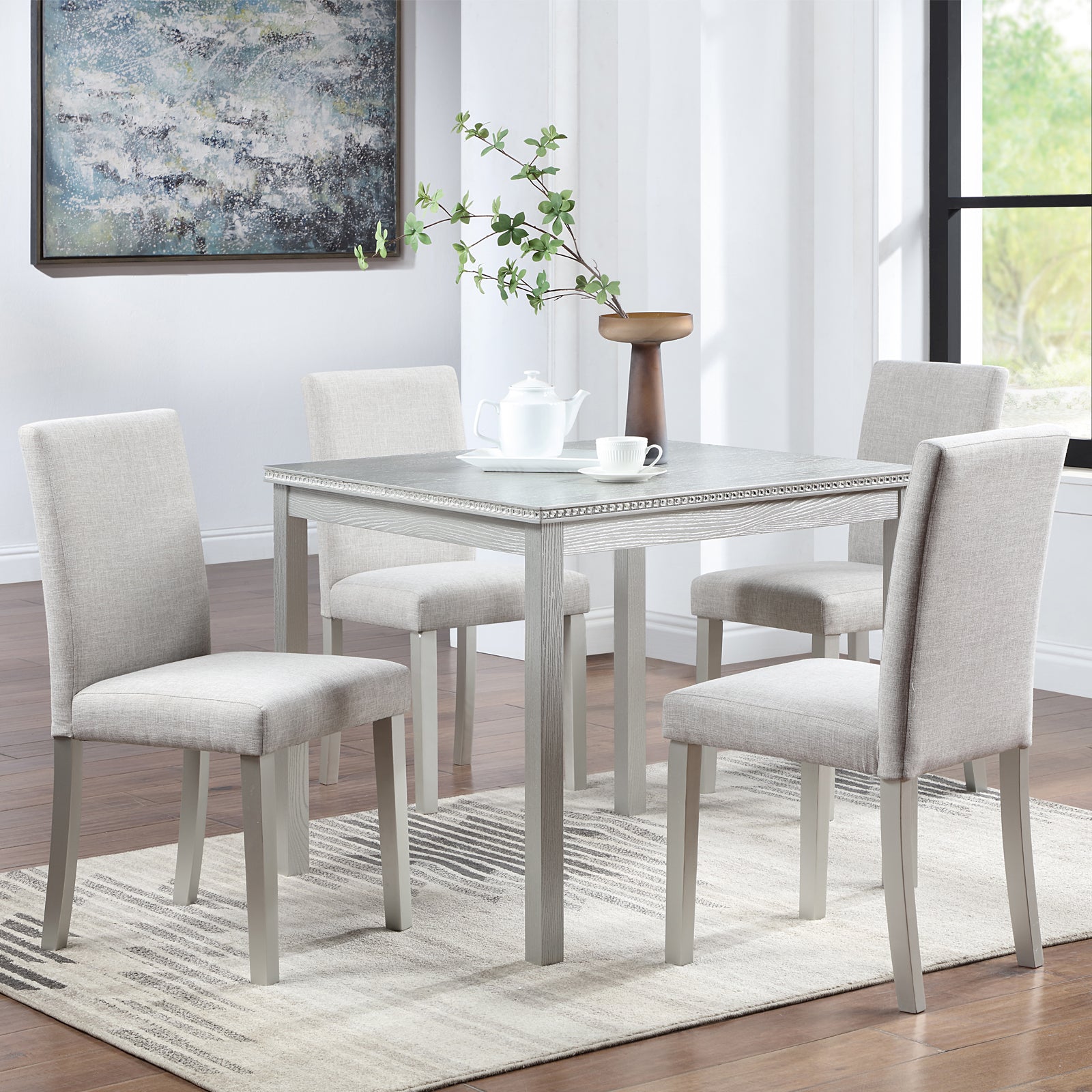5 Piece Wooden Dining Table Set, Kitchen Table Set With A Square Table And 4 Upholstered Chairs, Wooden Dining Room Table With Crystal Decoration And Chairs Set For Kitchen, Dining Room, Silver Grey Beige Silver Gray Seats 4 Dining Room 4 Leg Square