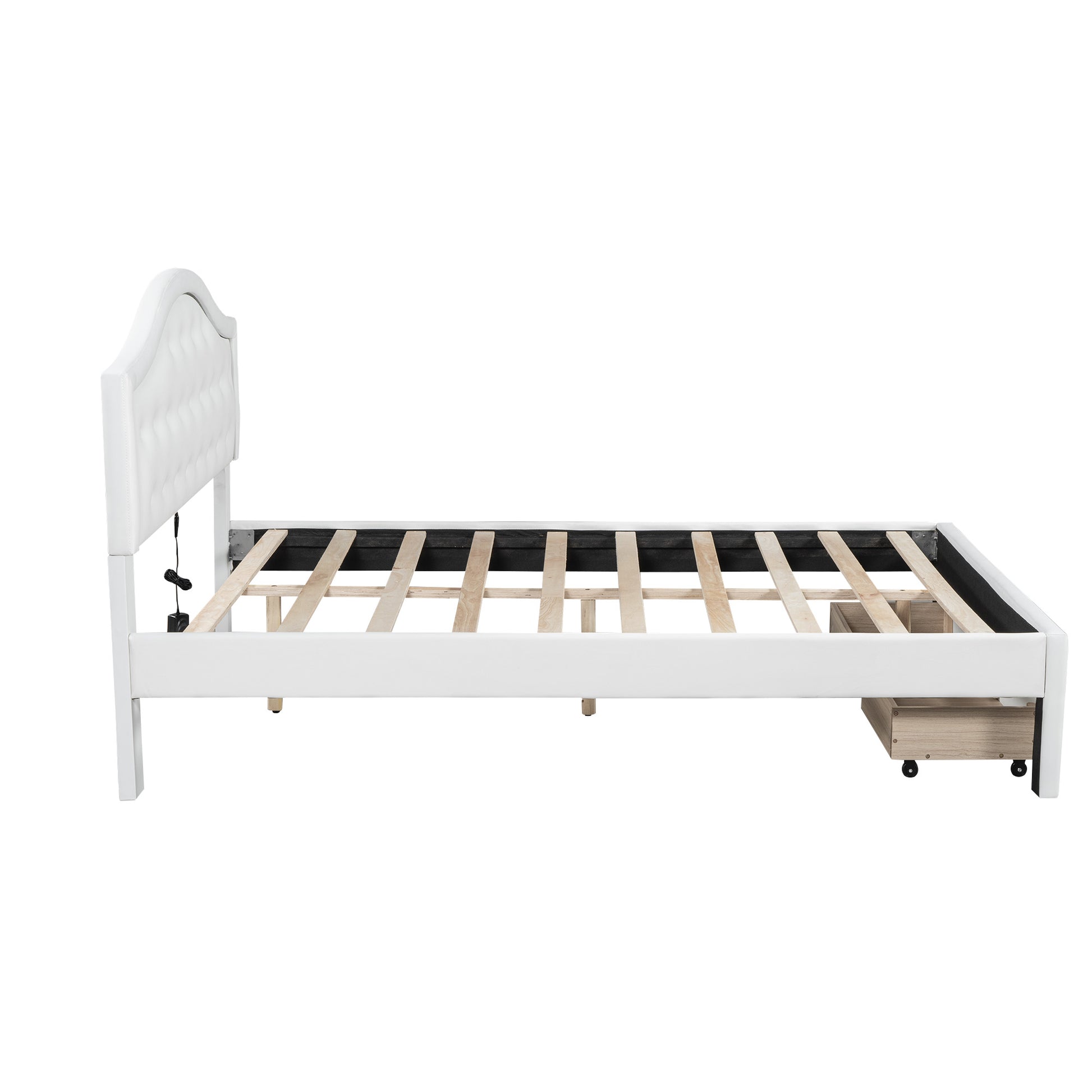 Queen Size Upholstered Platform Bed With Tufted Headboard, Led And 2 Drawers, White Box Spring Not Required Queen White Wood Bathroom Bed Frame Faux Leather Upholstered