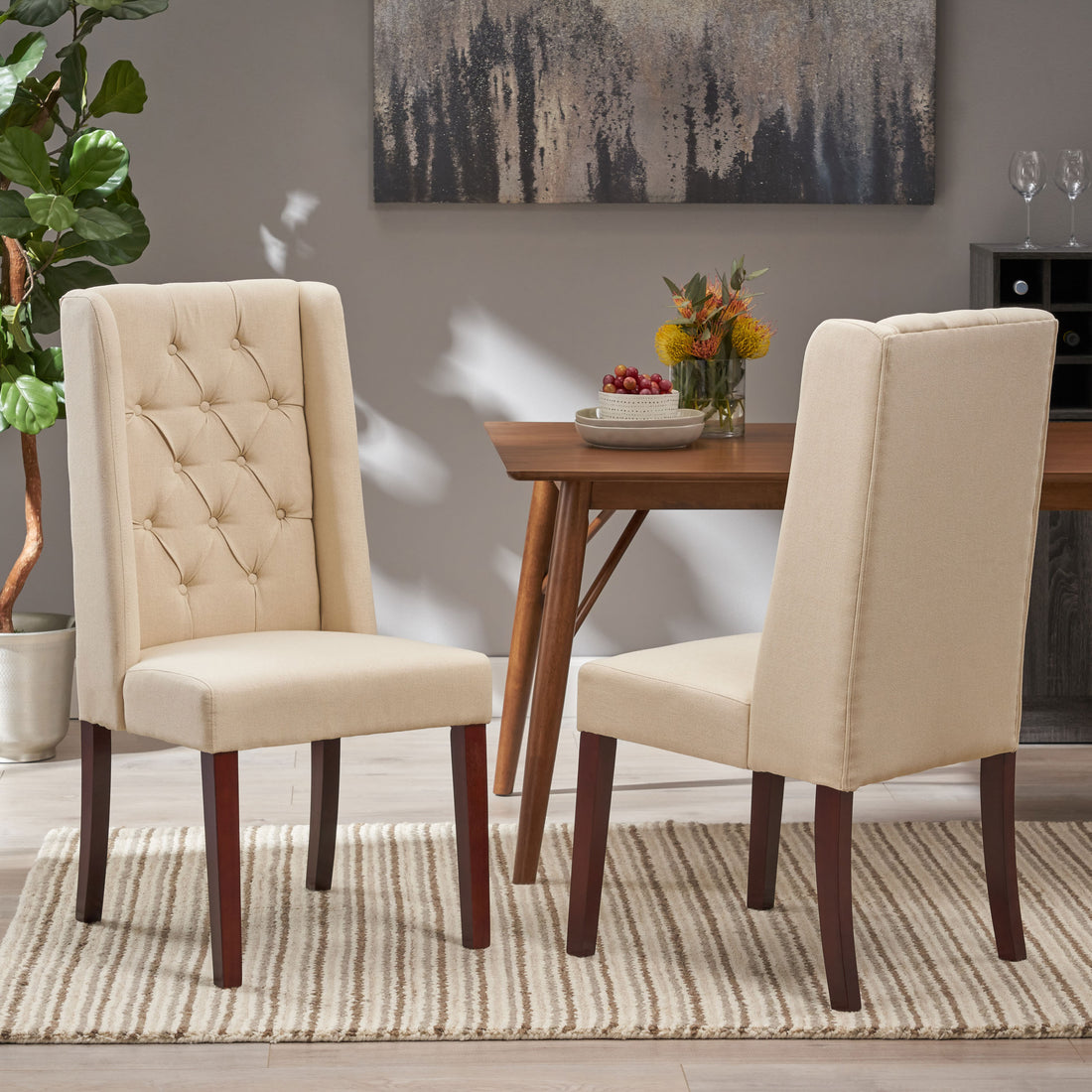 Dining Chair Beige Wood Fabric