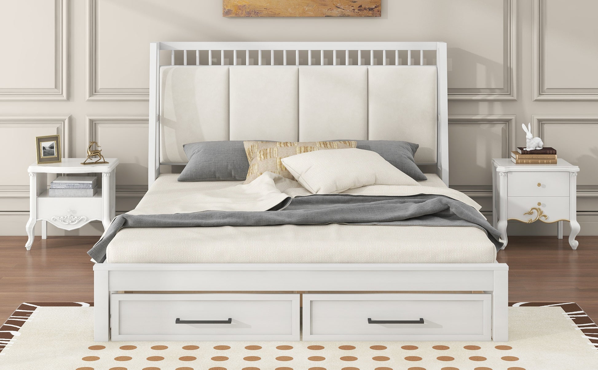 Queen Size Wood Platform Bed With Upholstered Headboard And 2 Drawers, Antique White Box Spring Not Required Queen White Wood Bed Frame Solid Wood Mdf