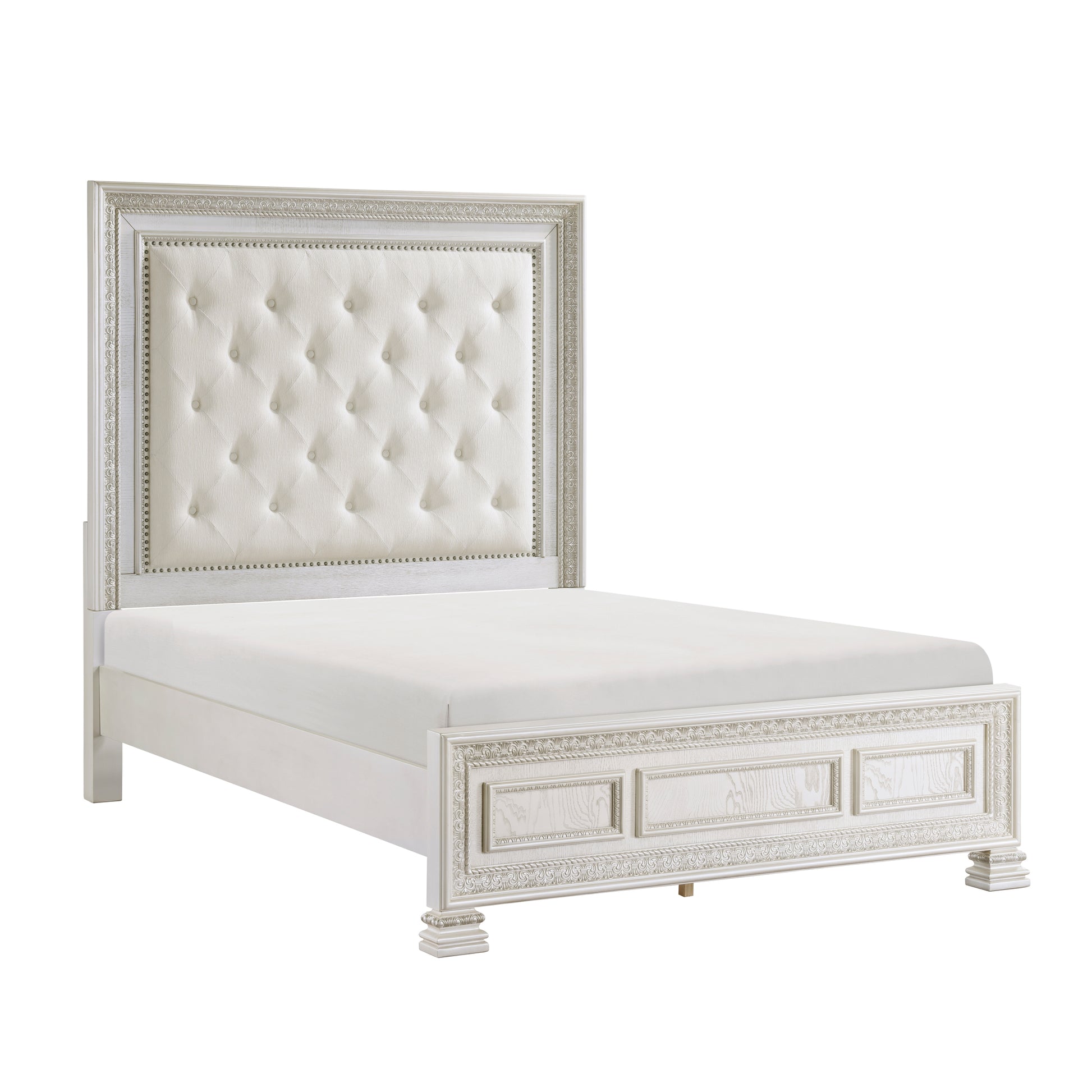 Classic Luxury Pearl White Finish Queen Bed Button Tufted Upholstered Headboard Bedroom Furniture 1Pc, Dart Molding Design Panels Box Spring Required Queen White Wood Bedroom Bed Frame Polyester