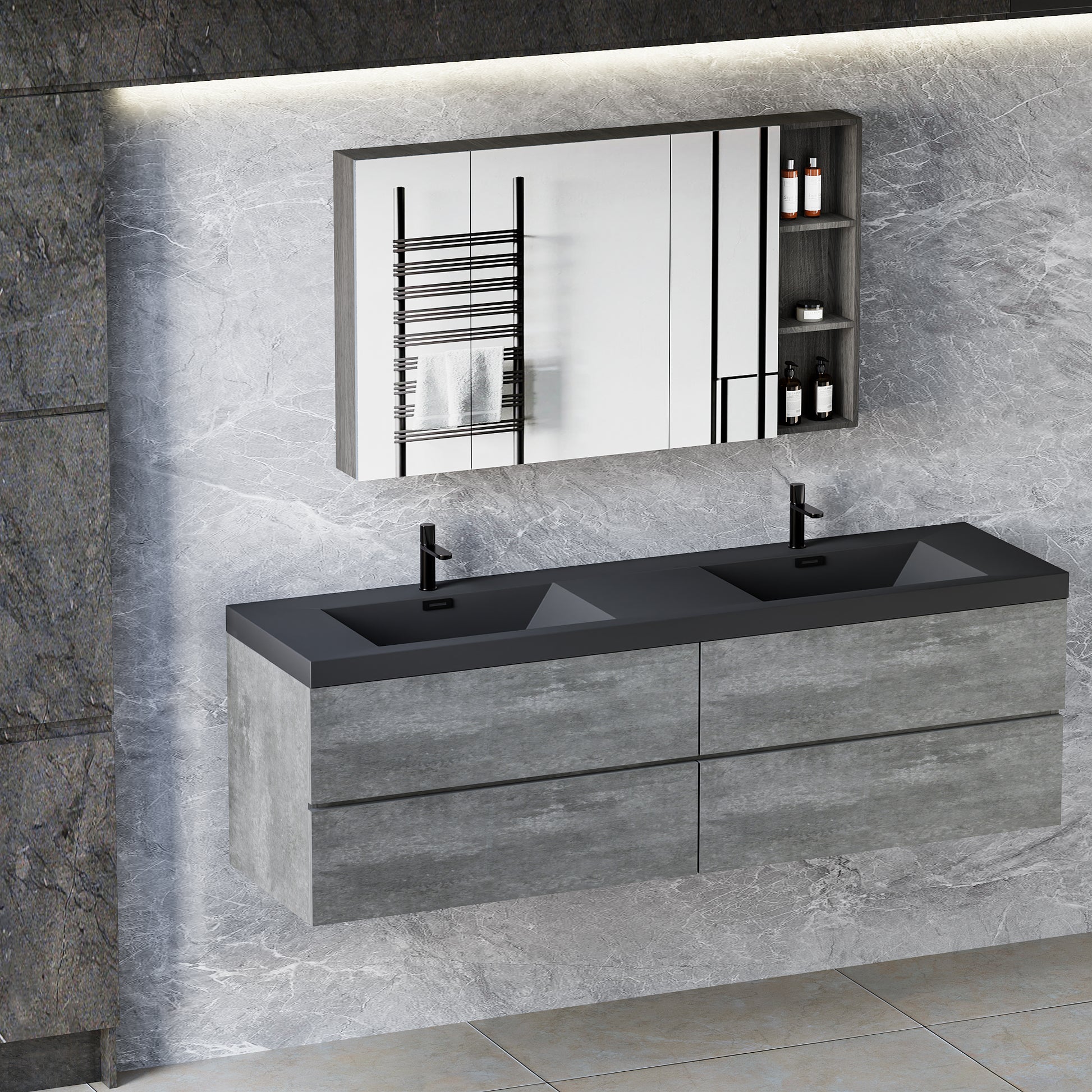 72" Floating Bathroom Vanity With Sink, Modern Wall Mounted Bathroom Storage Vanity Cabinet With Two Black Quartz Sand Top Basins And Four Soft Close Drawers, 24V12 72Gr Grey Grey Plywood