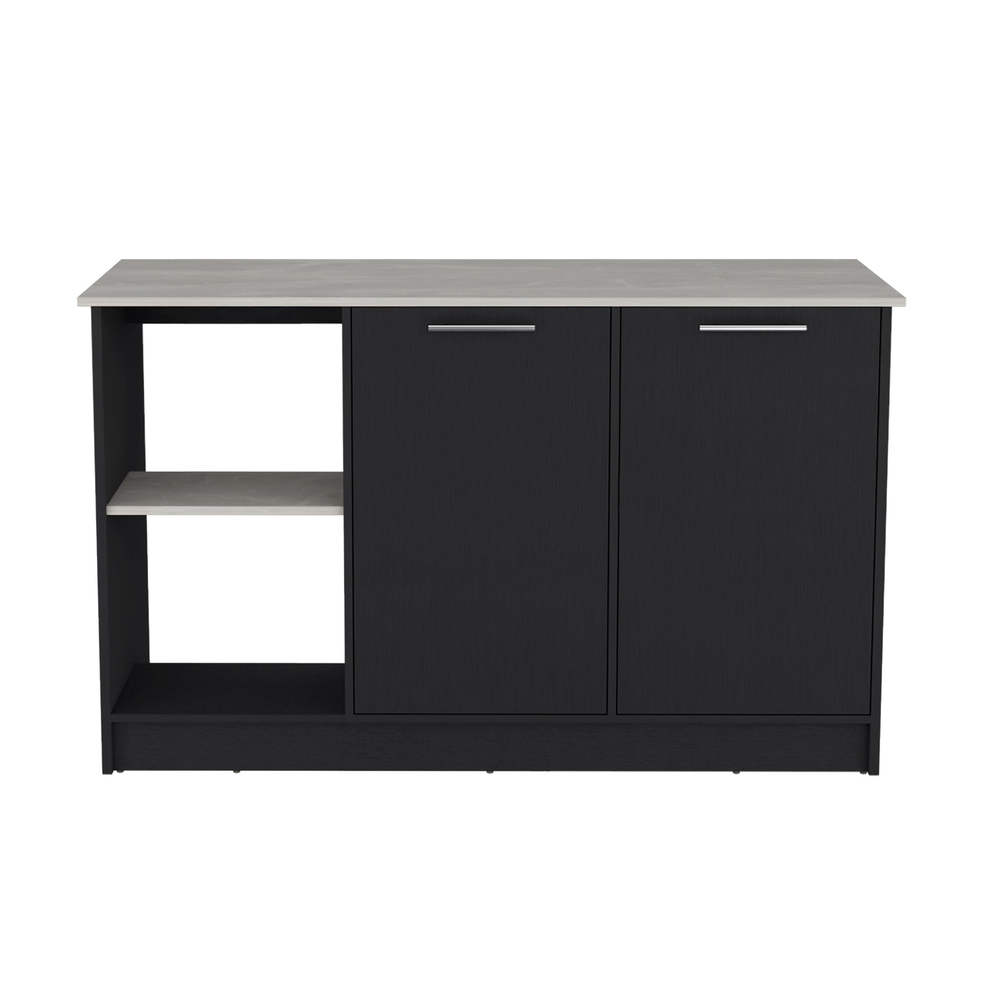 Juniper Kitchen Island With Large Top Surface, Double Door Cabinet, And Open Shelves Black Ibiza Marble Black Ivory Dining Room Modern Rectangular Stationary Kitchen Islands Particle Board Medium 40