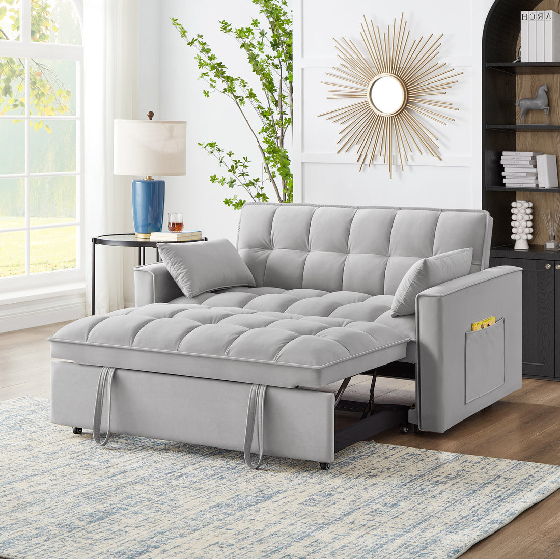 4 In1 Loveseat Sofa Bed With Armrests & Storage Pockets, Multi Function Tufted Pull Out Sofa Bed With Adjustable Backrest And Pillows, Convertible Loveseat Sofa Couch, Gray Gray Velvet Primary Living Space Medium Soft Tufted Back American