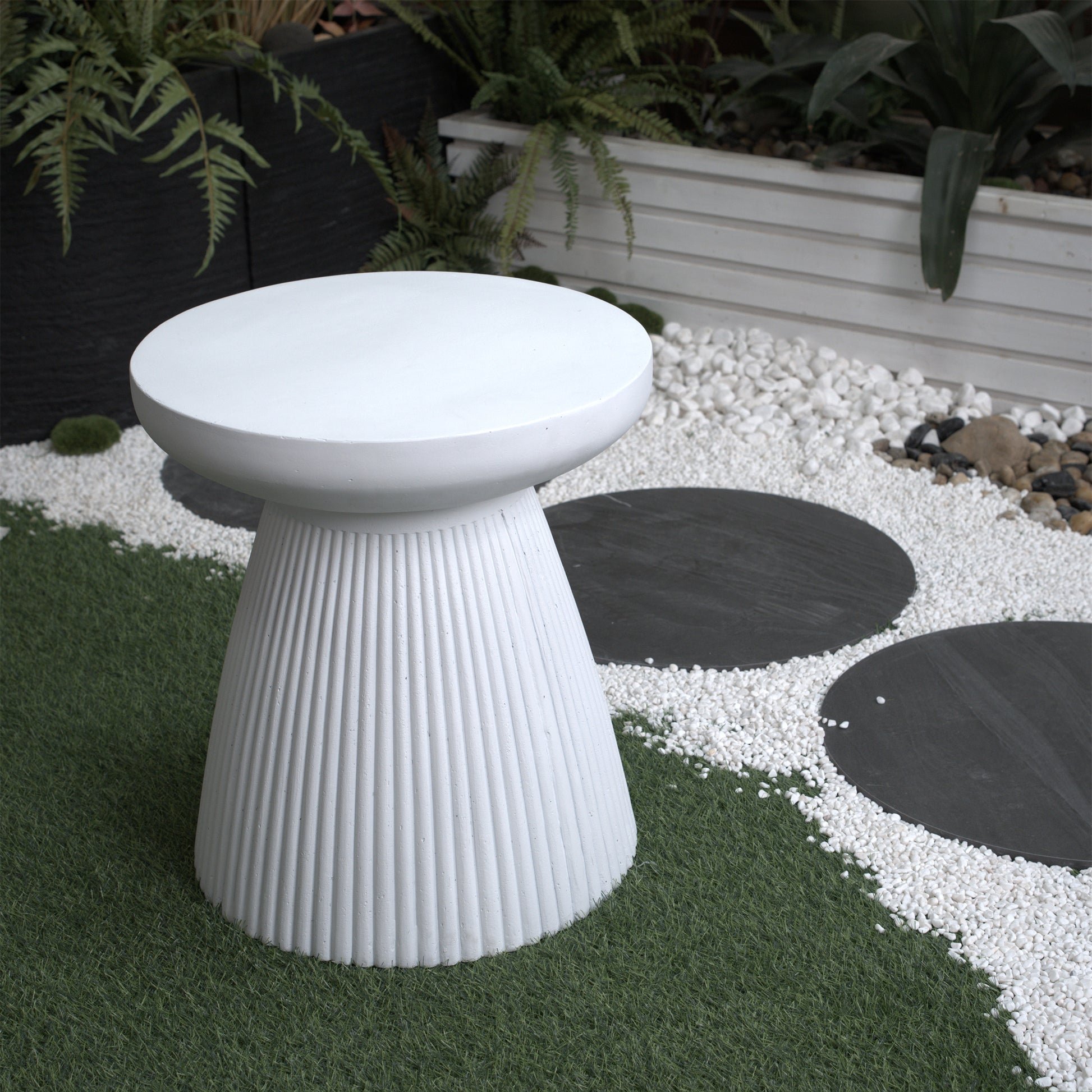 Decorative Garden End Table, 20.3" H Modern Heavy Duty Patio Sturdy Faux Terrazzo Accent Table Side Table Plant Table For Indoor Outdoor, Faux White Beige Magnesium Oxide