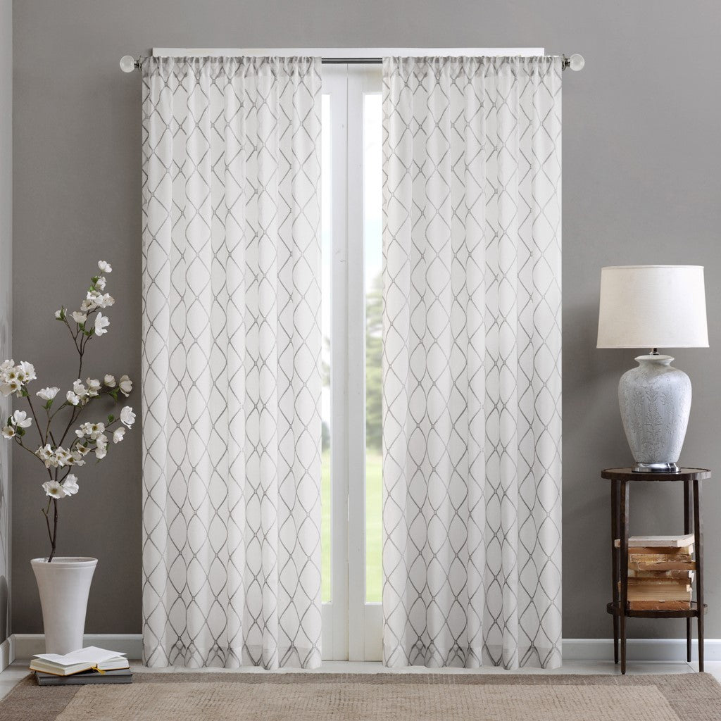 Diamond Sheer Window Curtain Panel Only 1 Pc Panel White Gray Polyester