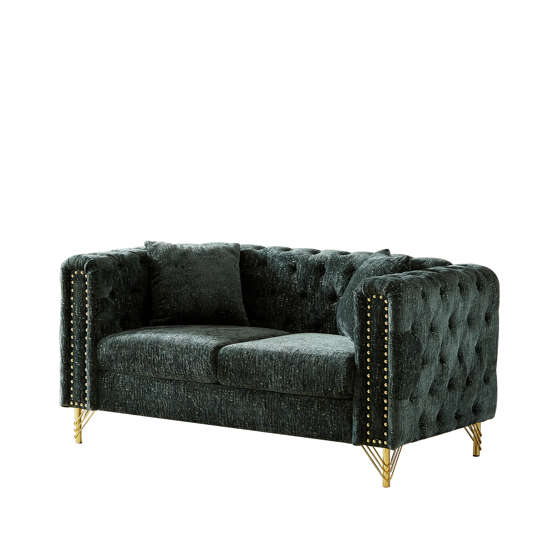 60 Inch Chenille Pull Buckle Design Sofa For Living Room,Buttons Tufted With Copper Nail Decoration Armrest, Modern Couch Upholstered Button And Metal Legs Green Foam Chenille 2 Seat