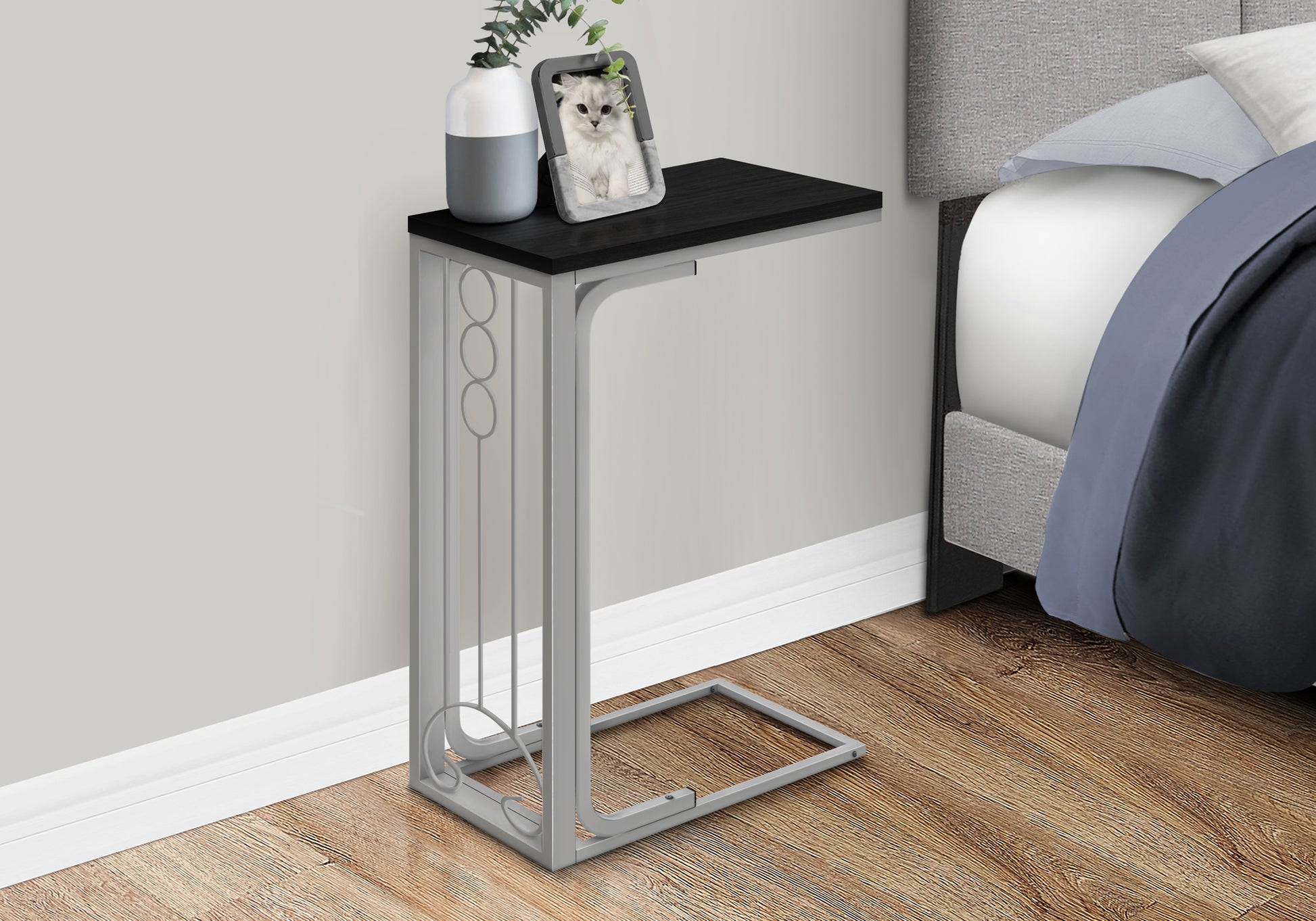 Accent Table, C Shaped, End, Side, Snack, Living Room, Bedroom, Black Laminate, Grey Metal, Transitional Black Mdf