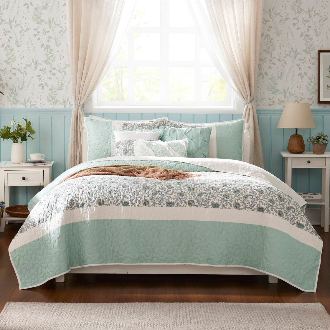 6 Piece Cotton Percale Quilt Set With Throw Pillows Aqua King Cal King King Aqua Polyester