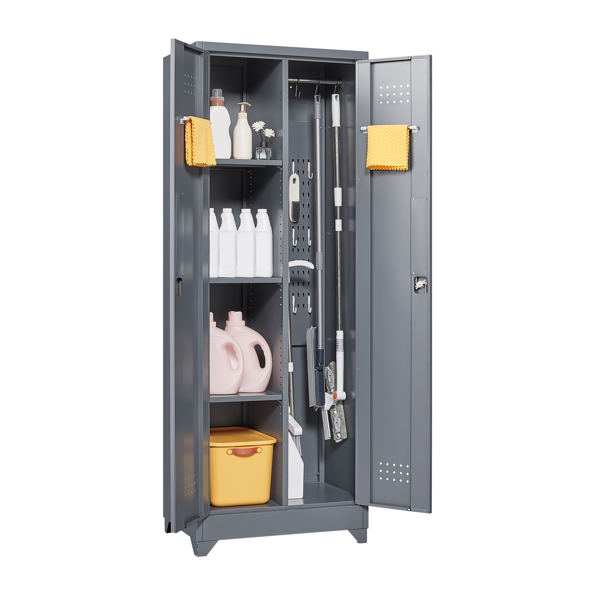 Metal Storage Cabinets, Cleaning Tool Cabinet With Locking Door, Tall Broom Tool Organizer And Storage, Large Storage Cabinet For Kitchen, Pantry, Office, Shop 3 4 Shelves Grey Door Locks Modern Metal