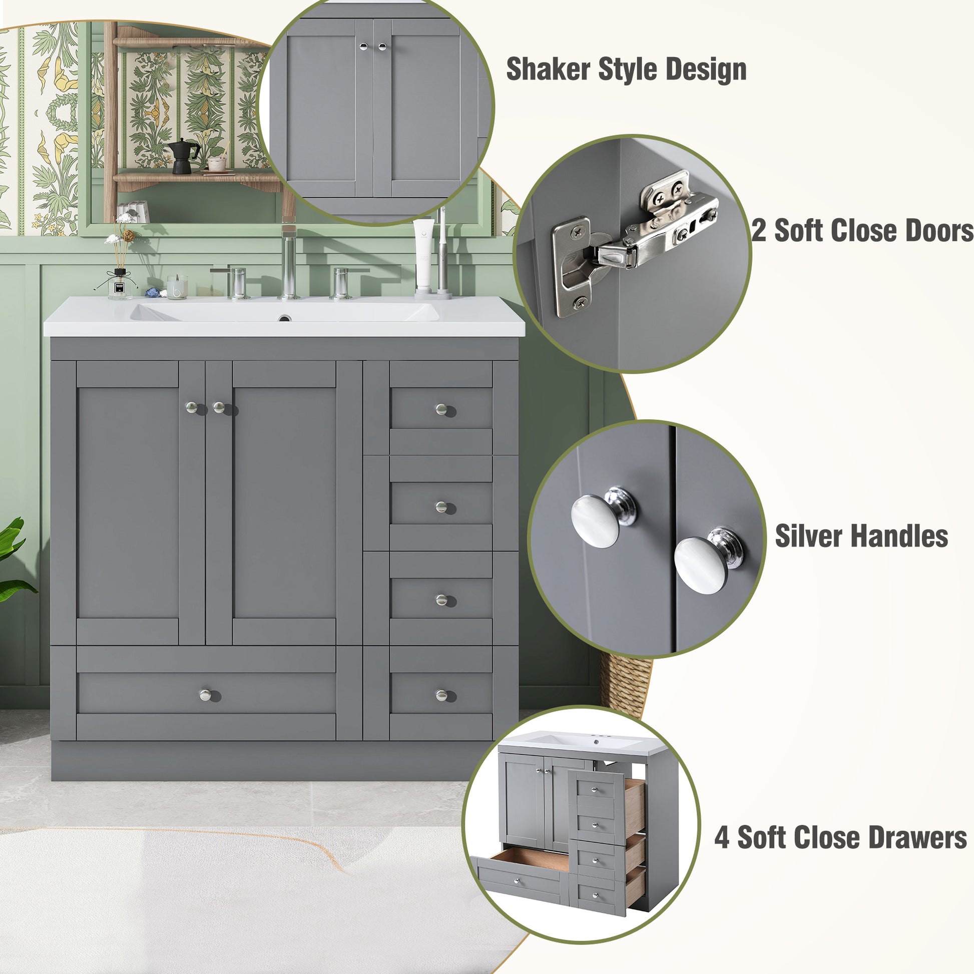 Video 36 Inch Shaker Style Free Standing Bathroom Vanity Cabinet With Sink, 4 Soft Close Drawers And 2 Soft Close Doors Gray Mdf