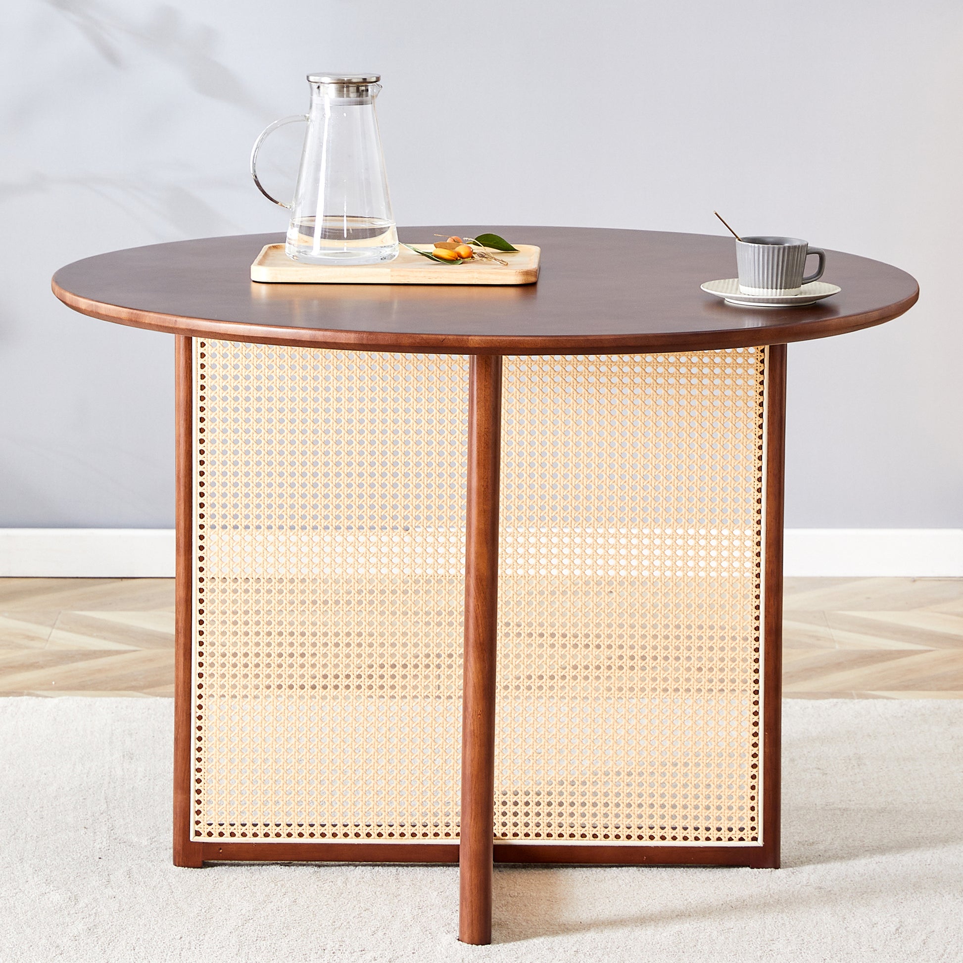 Chinese Countryside Retro Solid Wood Round Table, Simple Modern Imitation Rattan Table, Wooden Table, Desk. Suitable For Dining Room, Living Room, Office Walnut Rubber Wood