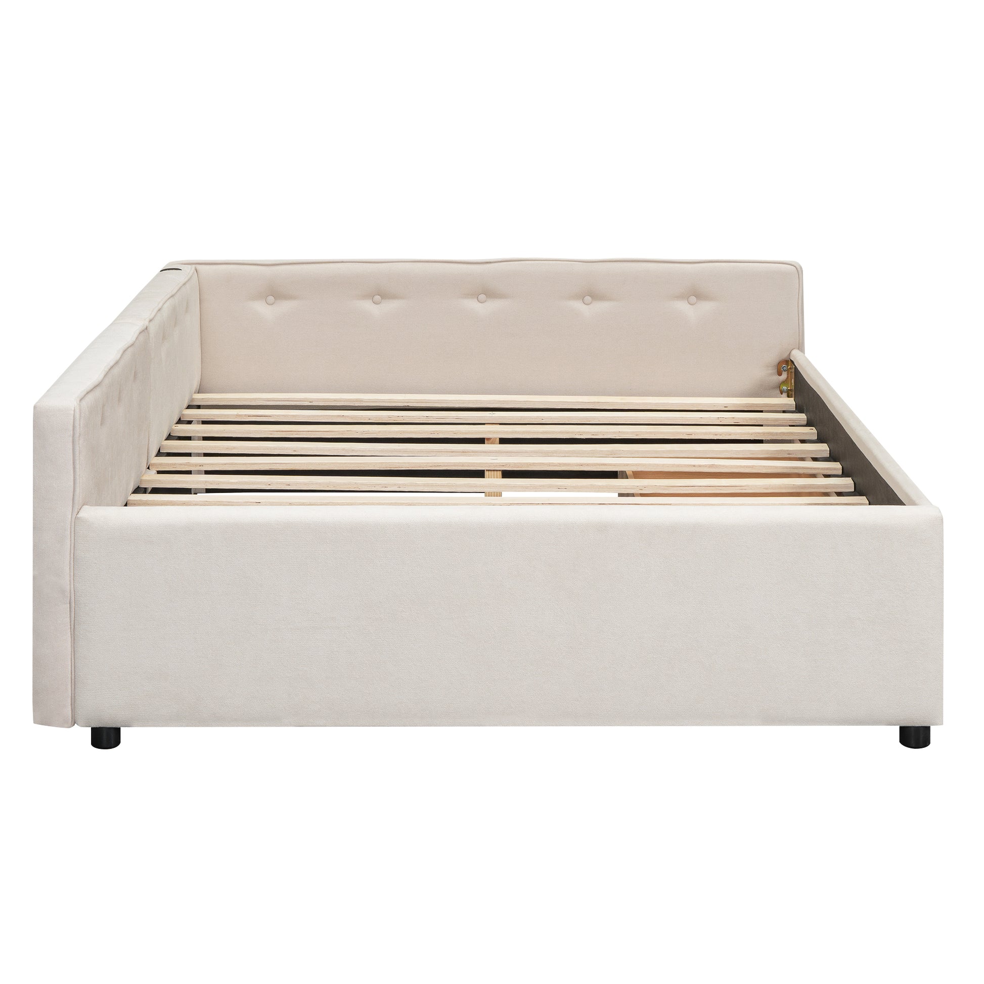 Full Size Upholstered Platform Bed With Usb And 2 Drawers, Beige Box Spring Not Required Full Beige Wood Bedroom Bed Frame Linen Upholstered