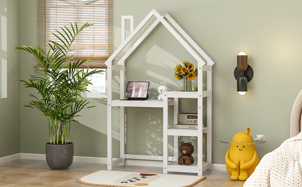 House Shaped Wooden Writing Desk,Kids Study Table,Bookshelf & Toy Storage,White Twin White American Design Pine