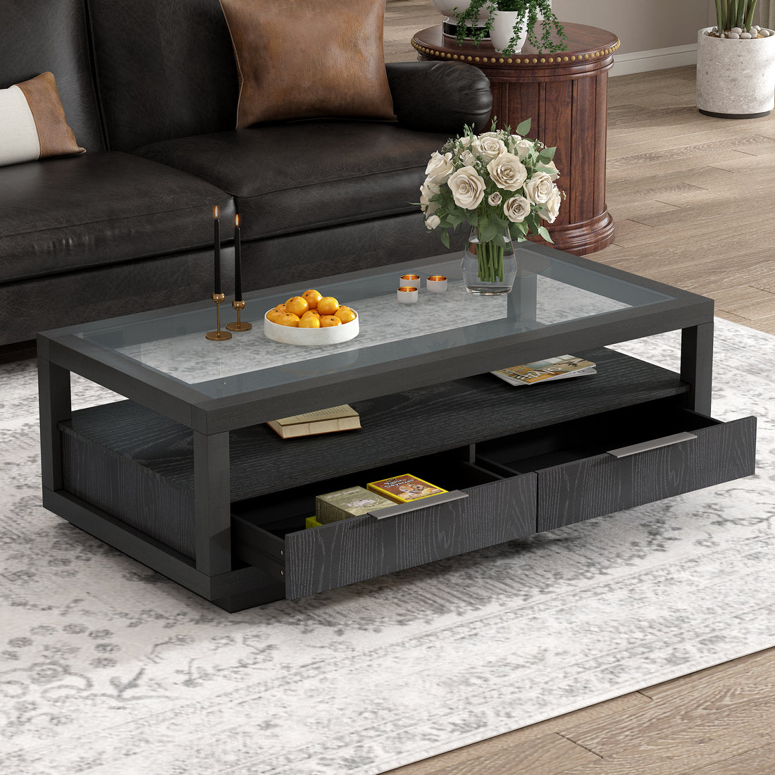 Modern Wood Coffee Table With 2 Drawers ,Minimalist Display Coffee Table With Transparent Tempered Glass, Open Storage Shelf For Living Room Black Solid Wood Mdf