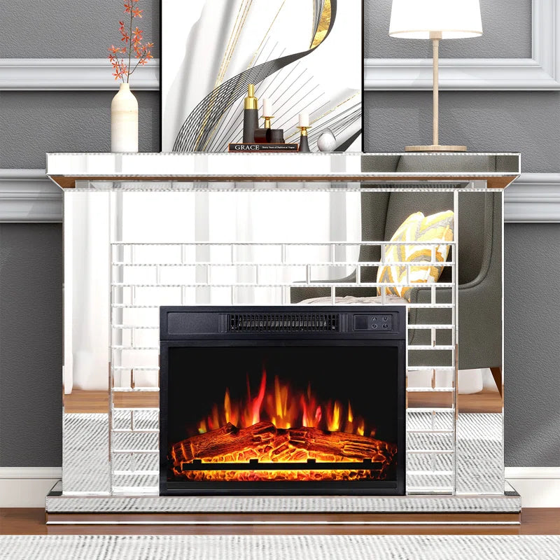 44'' W Electric Fireplace With Silver Mirrored Mantel Silver 400 Primary Living Space Modern Yes Freestanding Metal Synthetic Wood Mirror Electric