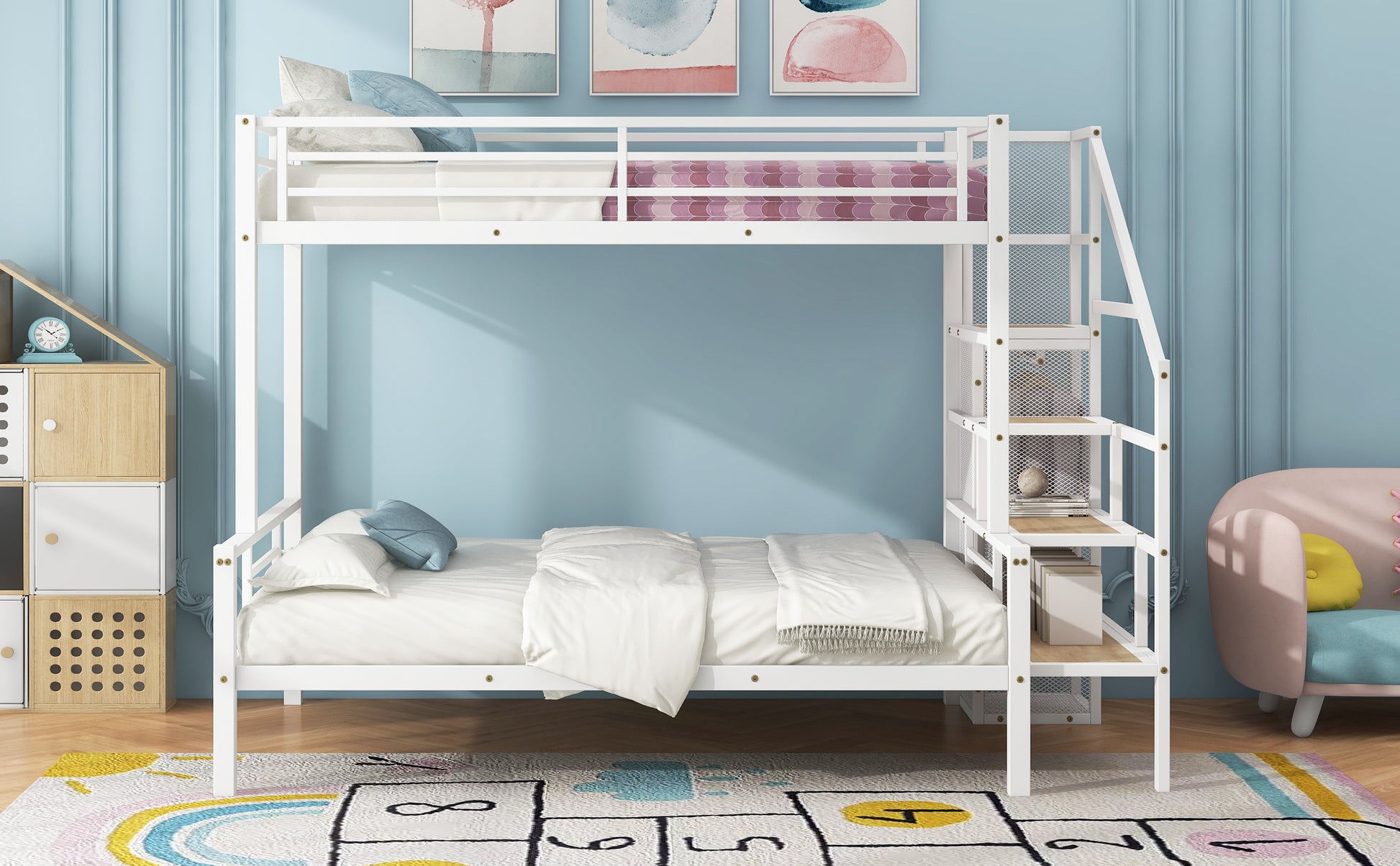 Twin Over Full Size Metal Bunk Bed With Storage Staircase And Open Wardrobe,White Expected Arrival Time:11.15 White Mdf Metal