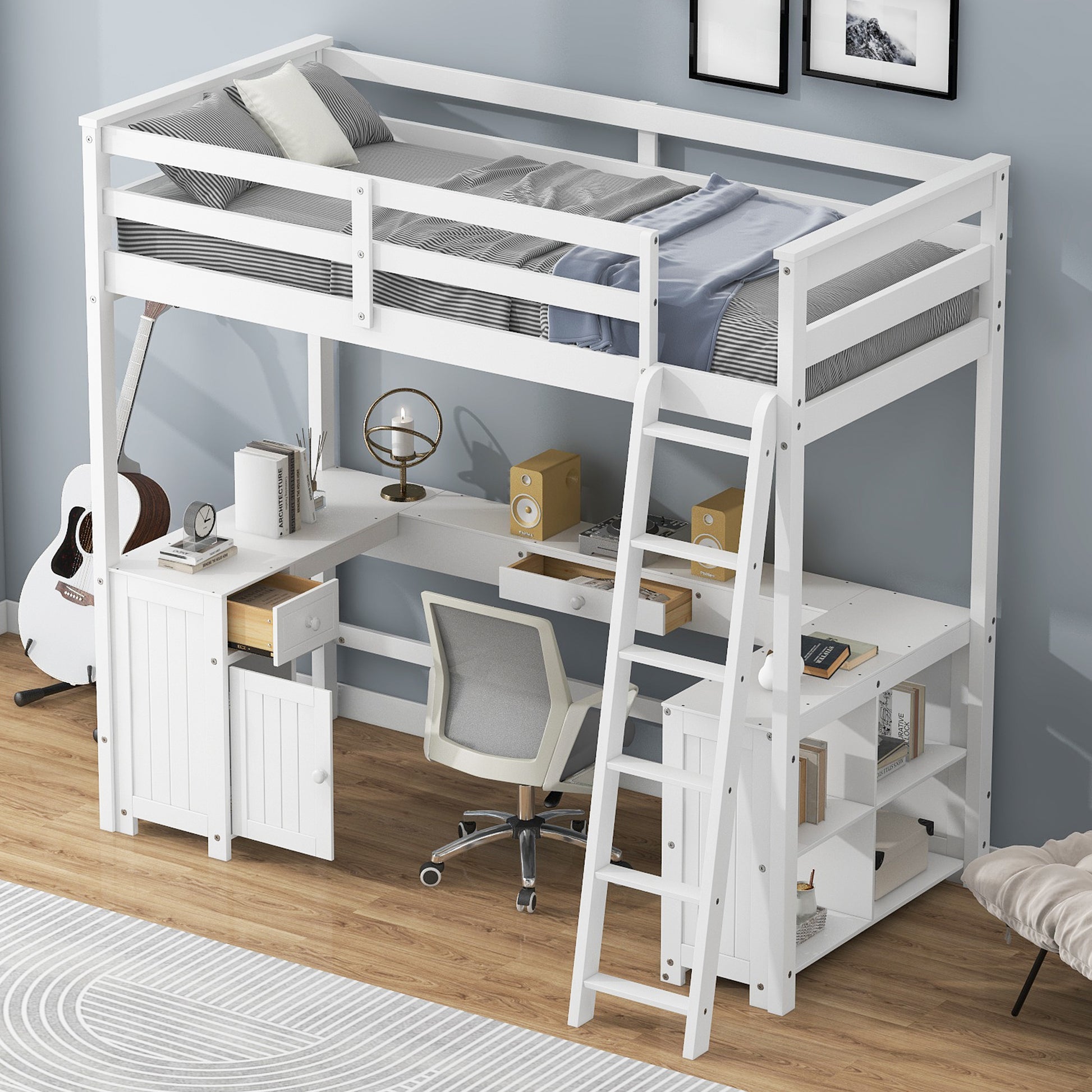 Twin Size Loft Bed With U Shaped Desk, Drawers And Storage Shelves, White Box Spring Not Required Twin White Wood Bedroom Solid Wood Mdf