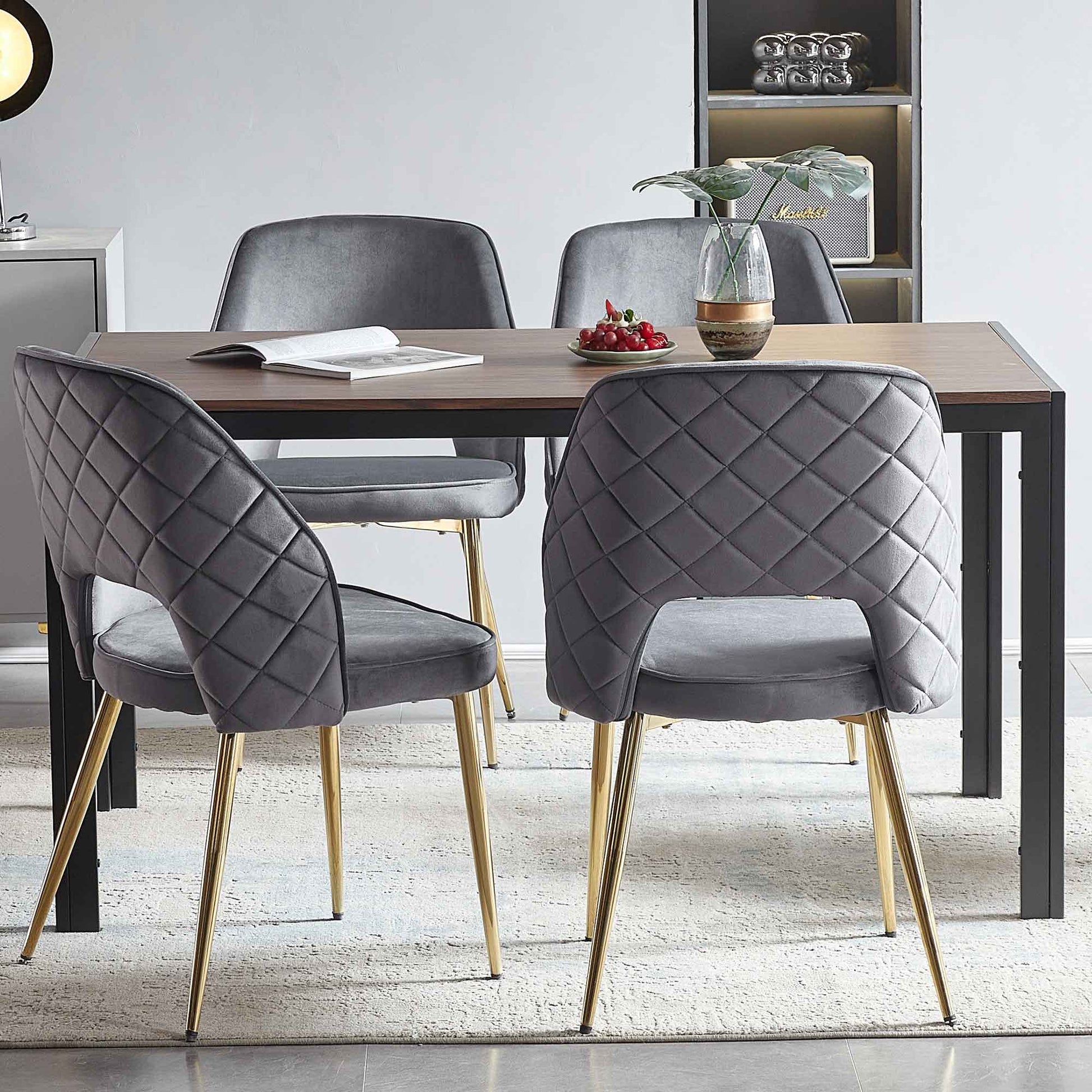 Gray Velvet Dining Chairs With Metal Legs And Hollow Back Upholstered Dining Chairs Set Of 4 Metal Grey Dining Room Foam Dry Clean Modern Dining Chairs Velvet