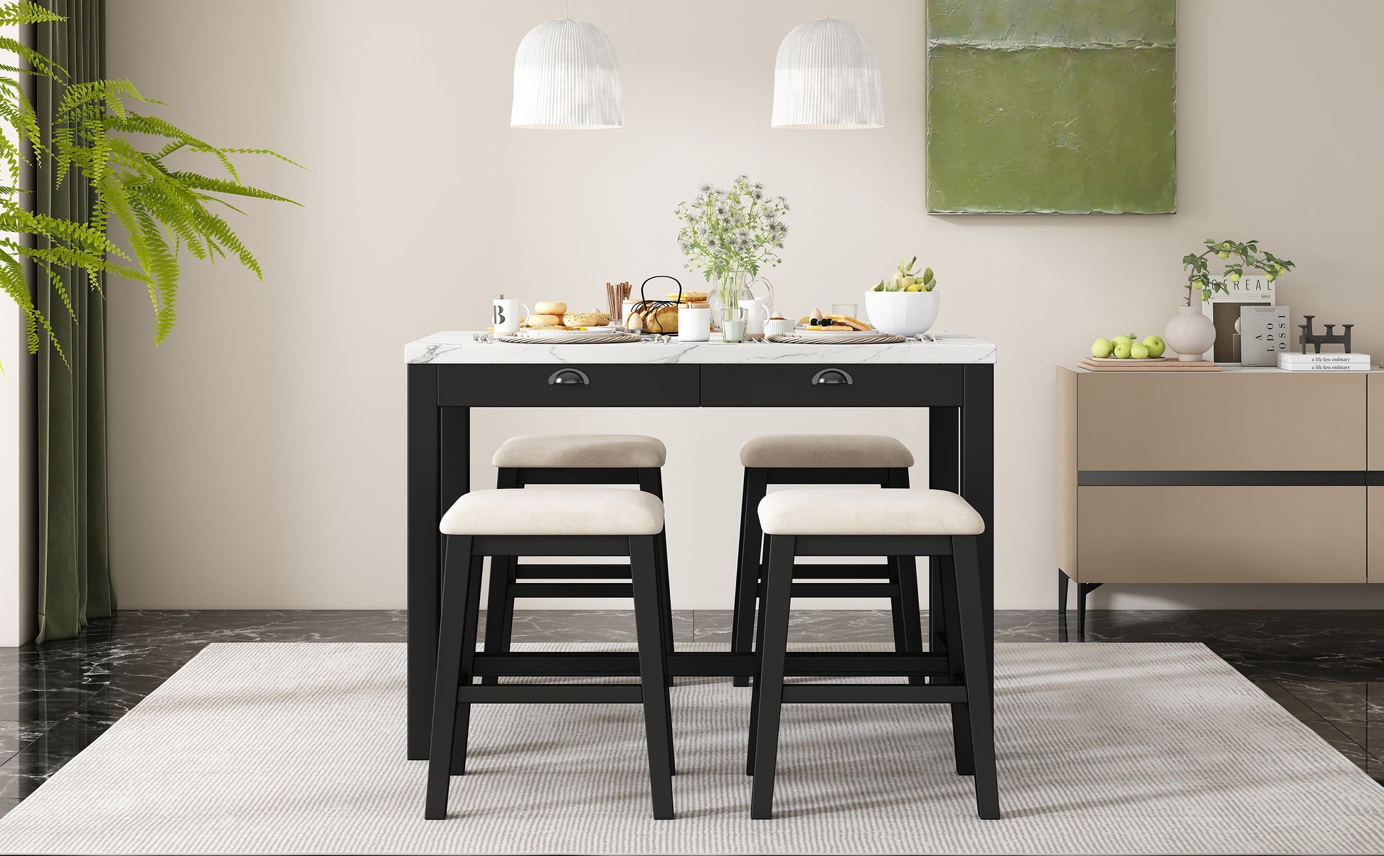 5 Piece Modern Faux Marble Versatile Bar Table Set With Storage Drawers And Padded Stools, Ideal For Space Saving Dining Nooks Or Small Kitchens Black Black Solid Wood Mdf