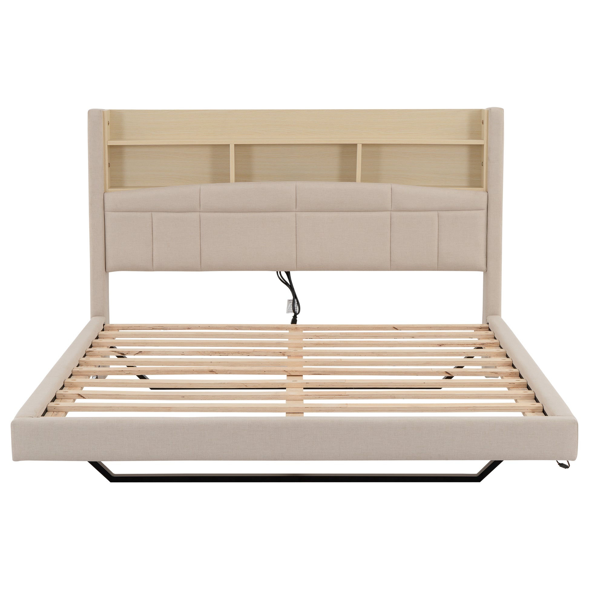 Queen Size Upholstered Floating Bed With Led And Storage Headboard, Beige Box Spring Not Required Queen Beige Wood Bed Frame Linen Upholstered