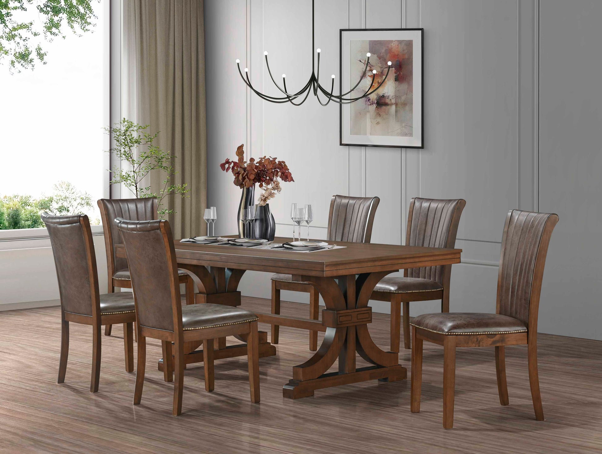 Mid Century Modern Dining Table Set For 7,Rectangular Table And 6 Kitchen Room Chairs,7 Piece Kitchen Table Set For Dining Room,Faux Leather Upholstered 6Pcs Side Chairs,Oak Oak Rubber Wood