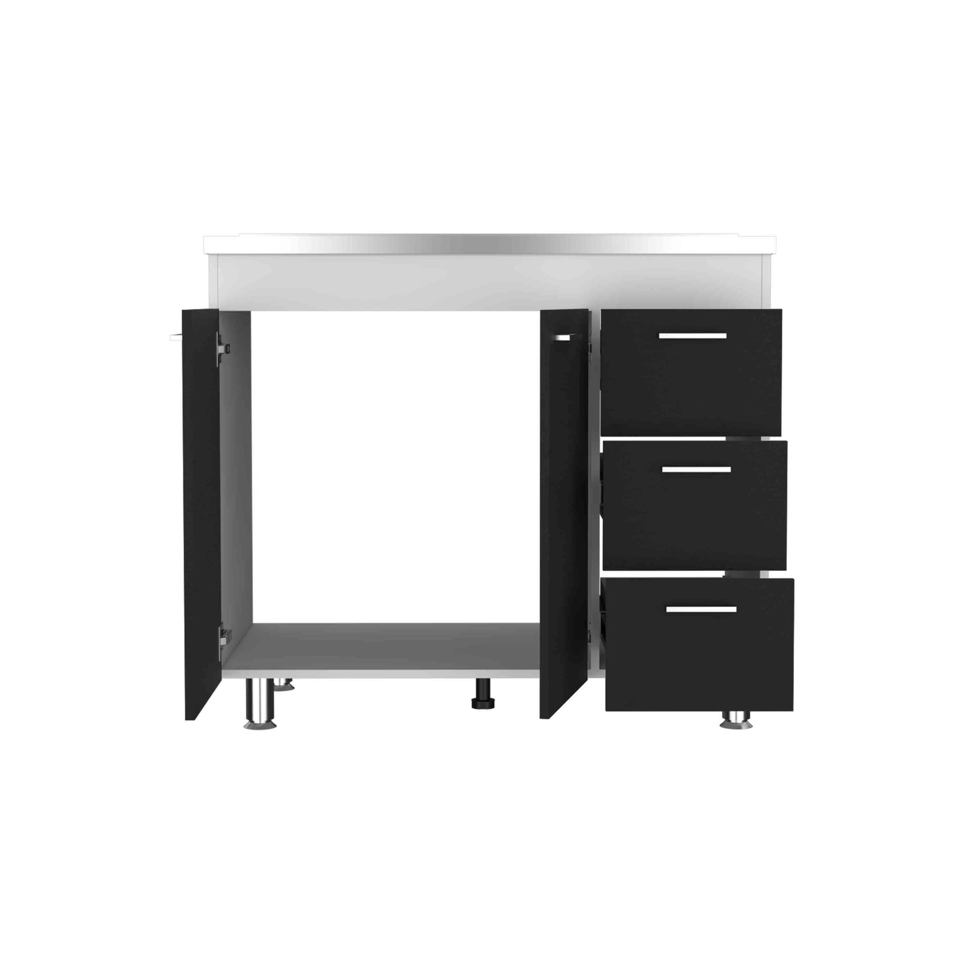Base Double Door Cabinet, Three Drawers, White Black Multicolor Solid Wood Mdf Engineered Wood